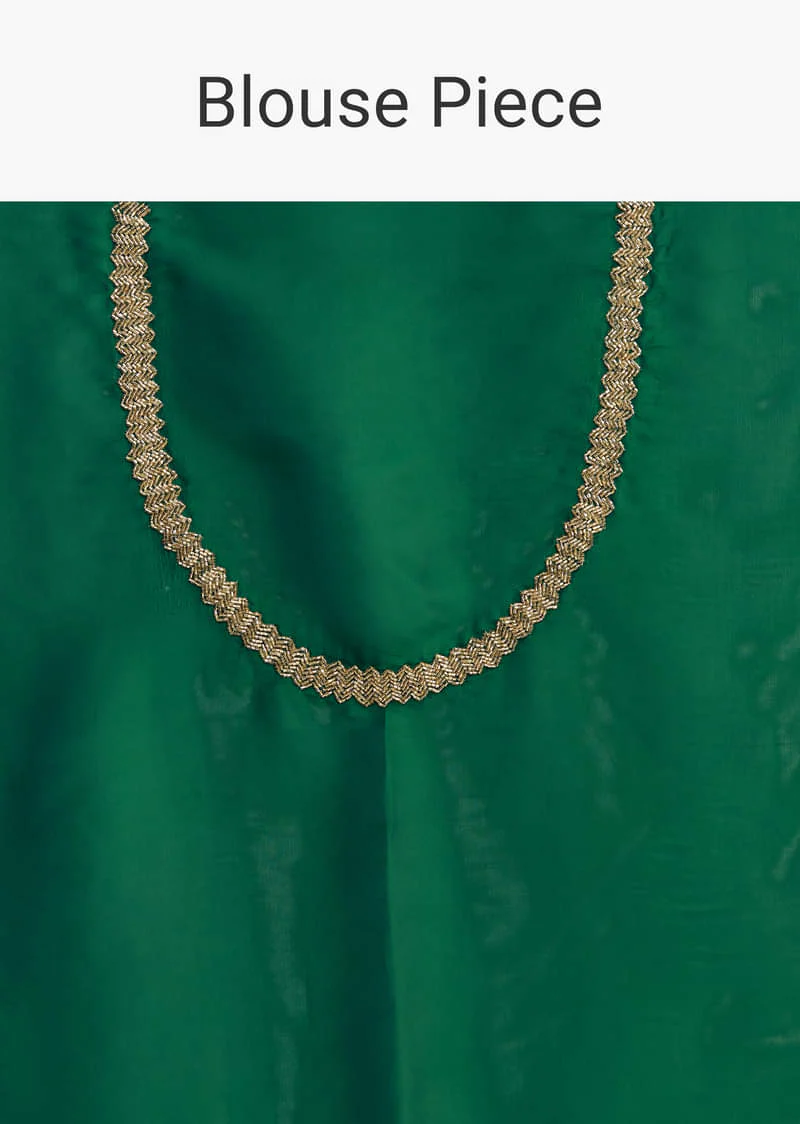 Bottle Green Organza Saree With Scalloped Cut Dana Detailing - Image 10