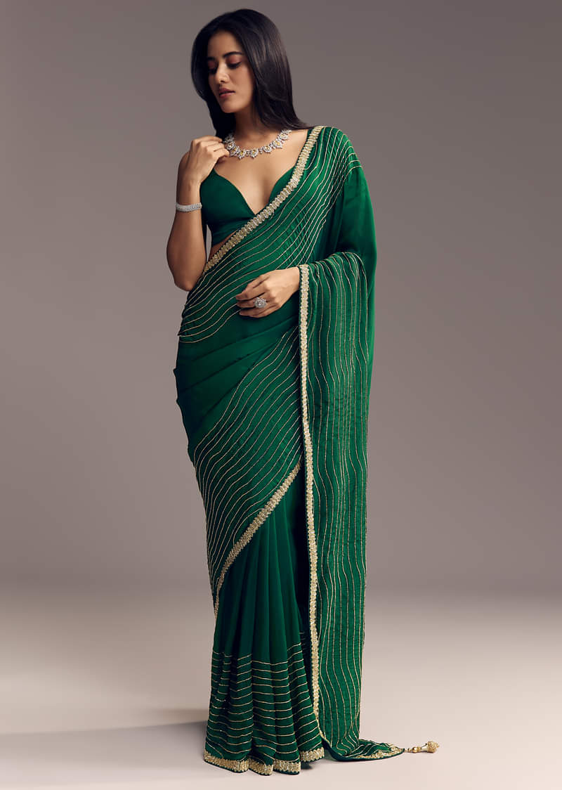 Bottle Green Organza Saree With Scalloped Cut Dana Detailing - Image 3