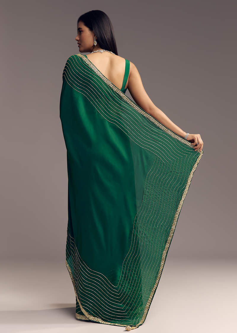 Bottle Green Organza Saree With Scalloped Cut Dana Detailing - Image 6