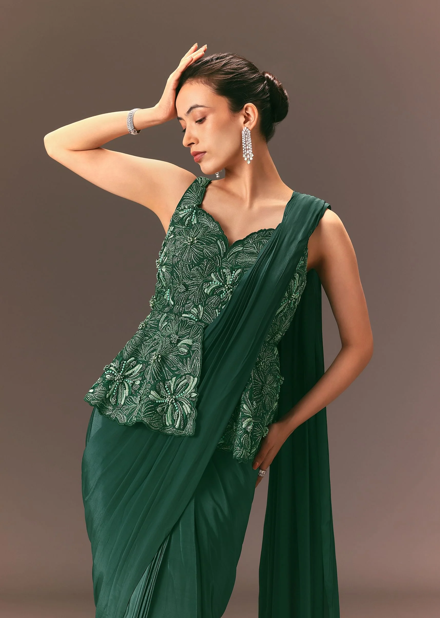 Bottle Green Raw Silk Pre Stitched Saree With Peplum Blouse - Image 2