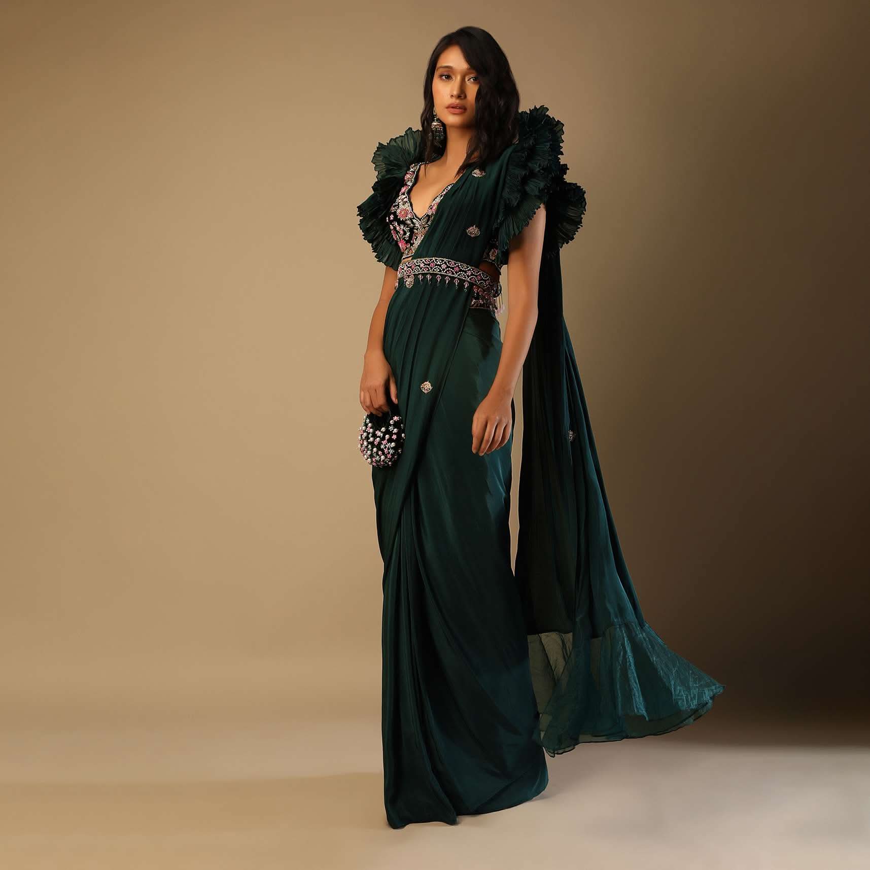 Bottle Green Readymade Saree With A Colorful Hand Embroidered Blouse With Fancy Layered Frill Sleeves - Image 2