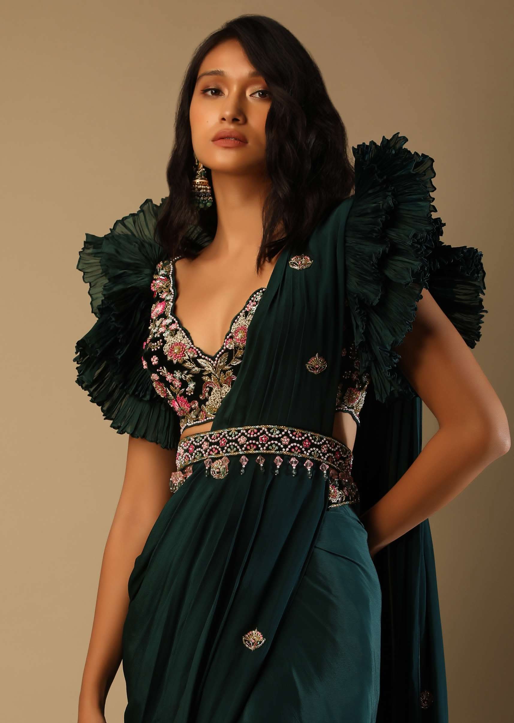 Bottle Green Readymade Saree With A Colorful Hand Embroidered Blouse With Fancy Layered Frill Sleeves - Image 4