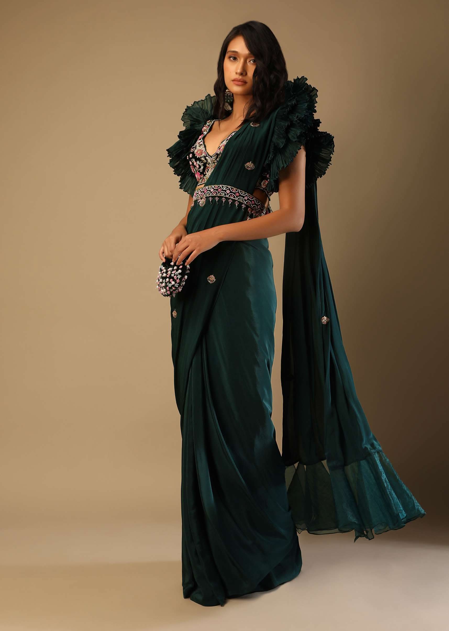 Bottle Green Readymade Saree With A Colorful Hand Embroidered Blouse With Fancy Layered Frill Sleeves - Image 5