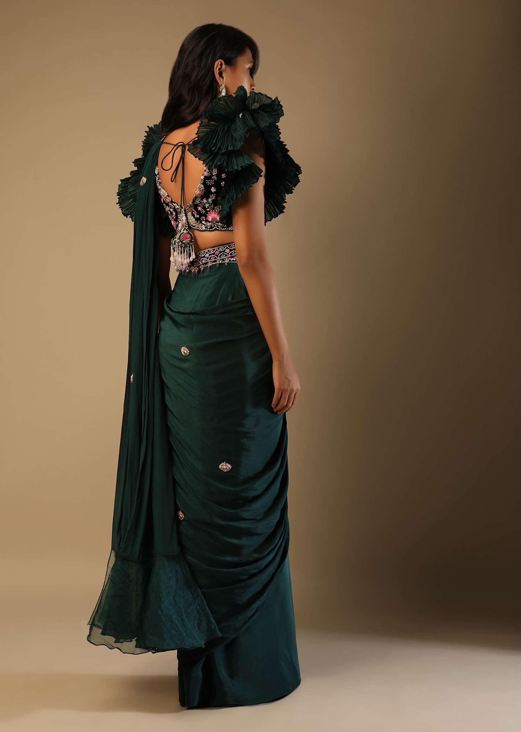 Bottle Green Readymade Saree With A Colorful Hand Embroidered Blouse With Fancy Layered Frill Sleeves - Image 6