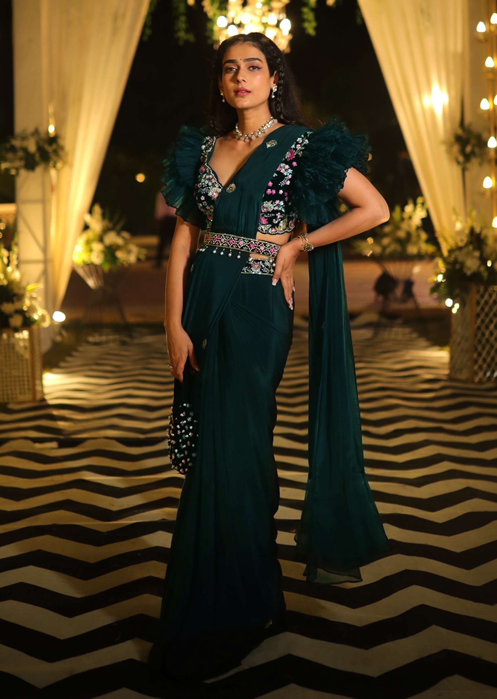 Bottle Green Readymade Saree With A Colorful Hand Embroidered Blouse With Fancy Layered Frill Sleeves - Image 8