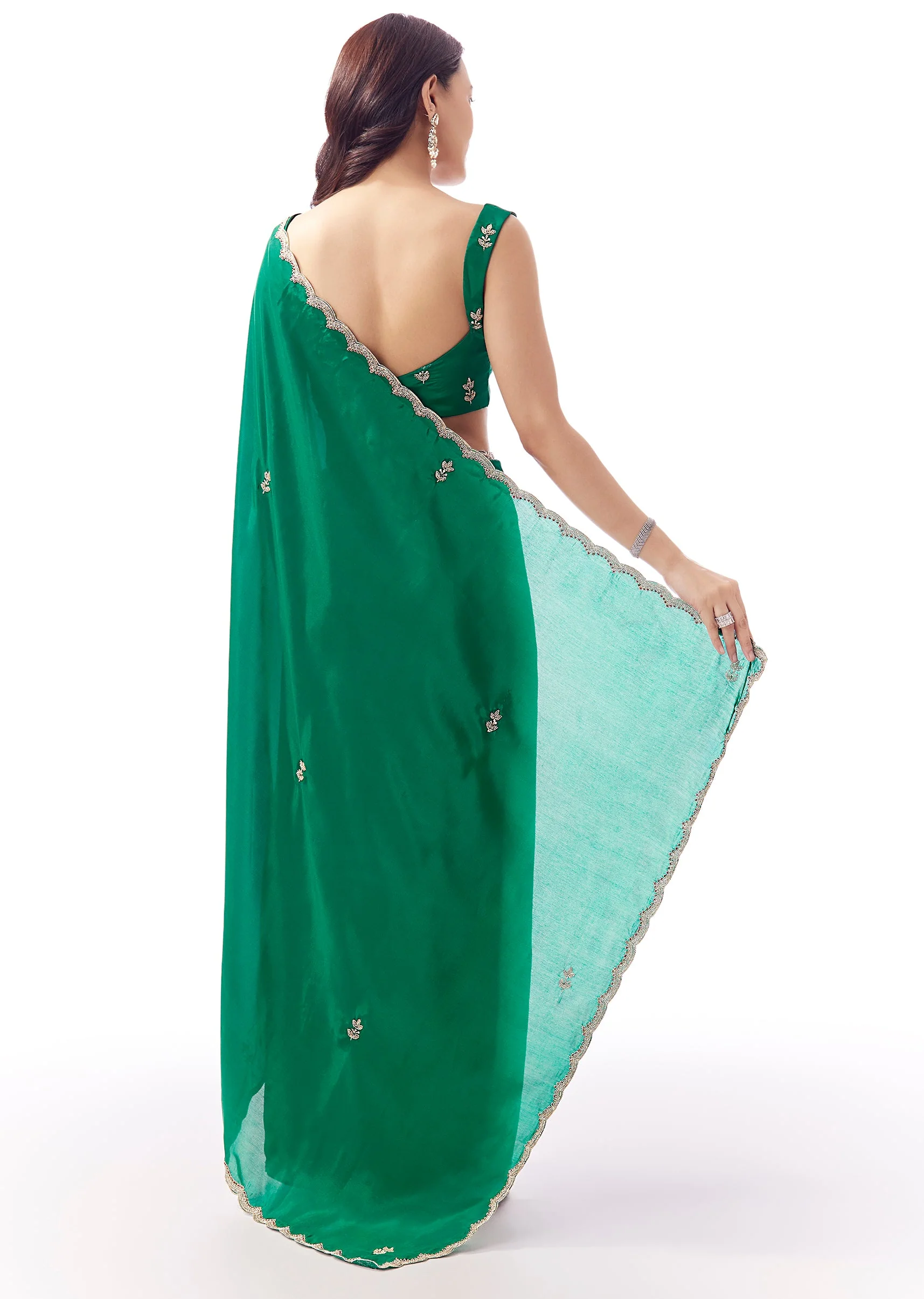 Bottle Green Satin Saree With Scalloped Embroidered Border And Buttis - Image 4