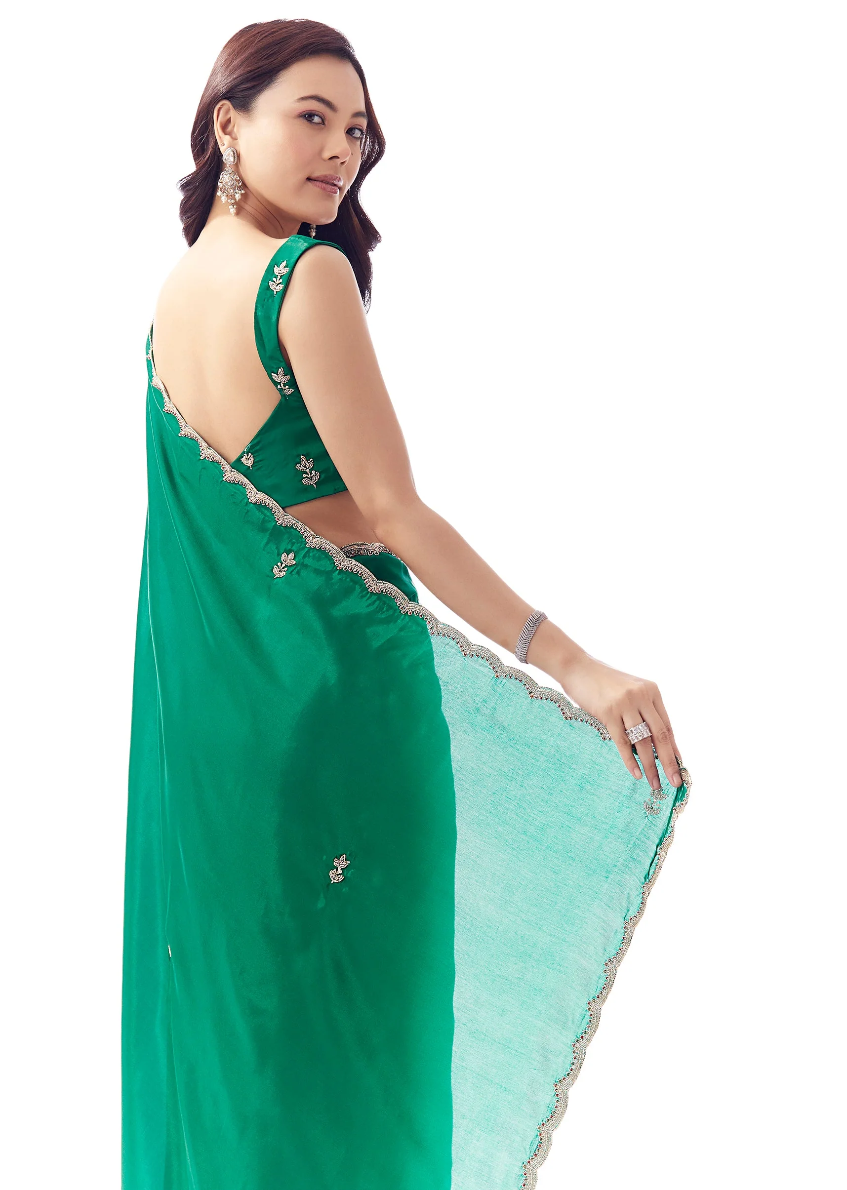 Bottle Green Satin Saree With Scalloped Embroidered Border And Buttis - Image 6