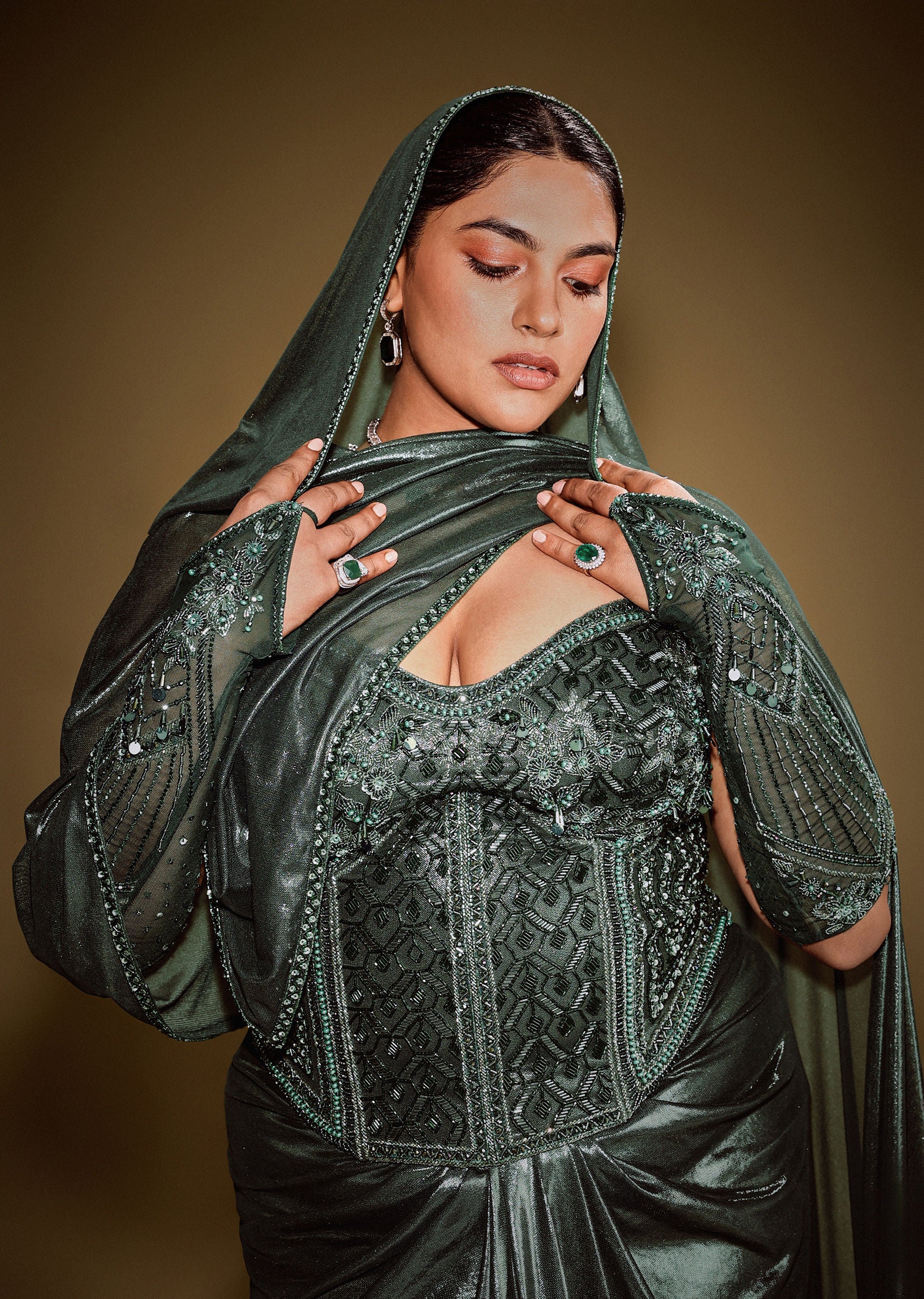 Bottle Green Shimmer Drape Skirt With Embroidered Corset And Dupatta - Image 4