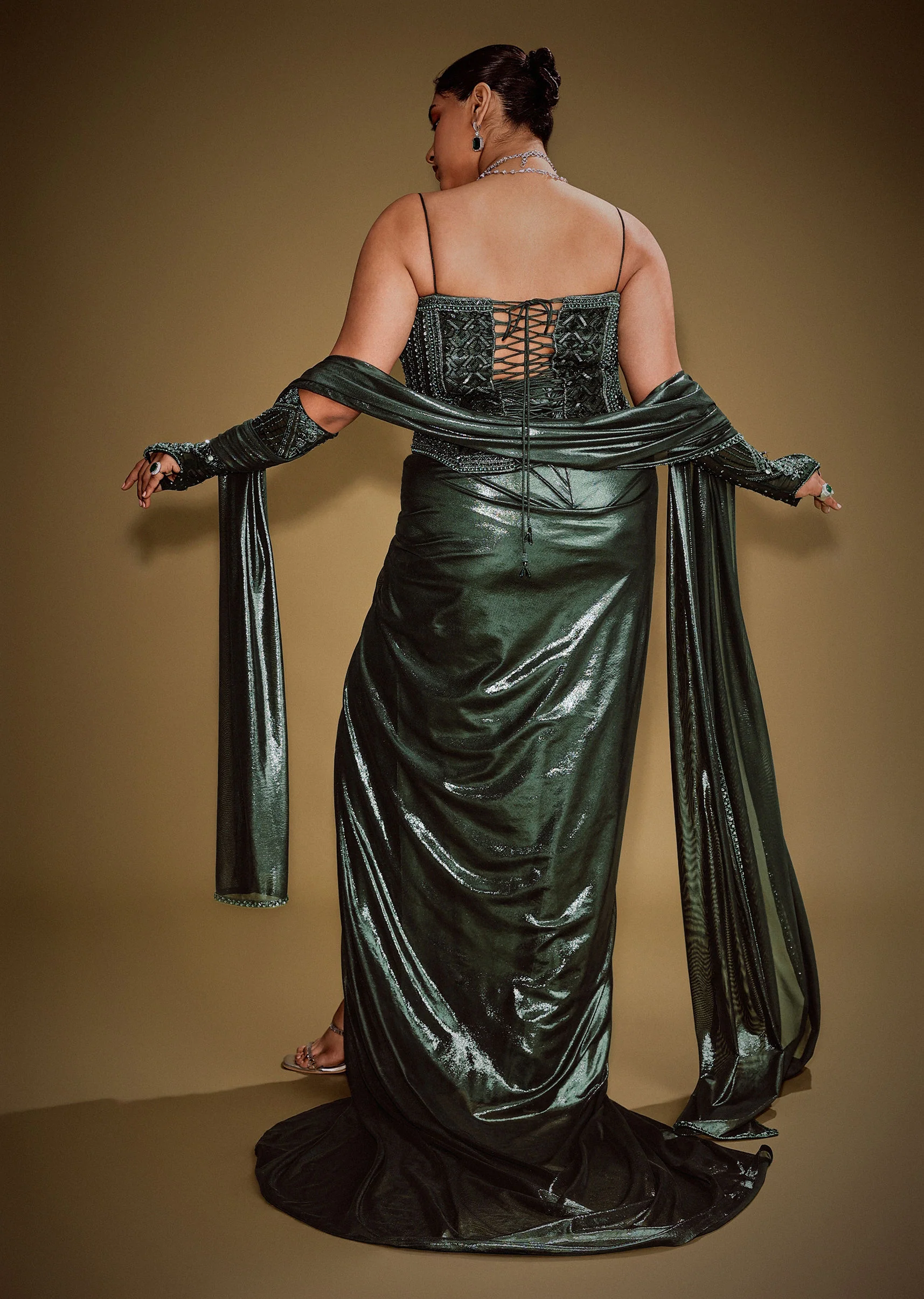 Bottle Green Shimmer Drape Skirt With Embroidered Corset And Dupatta - Image 6