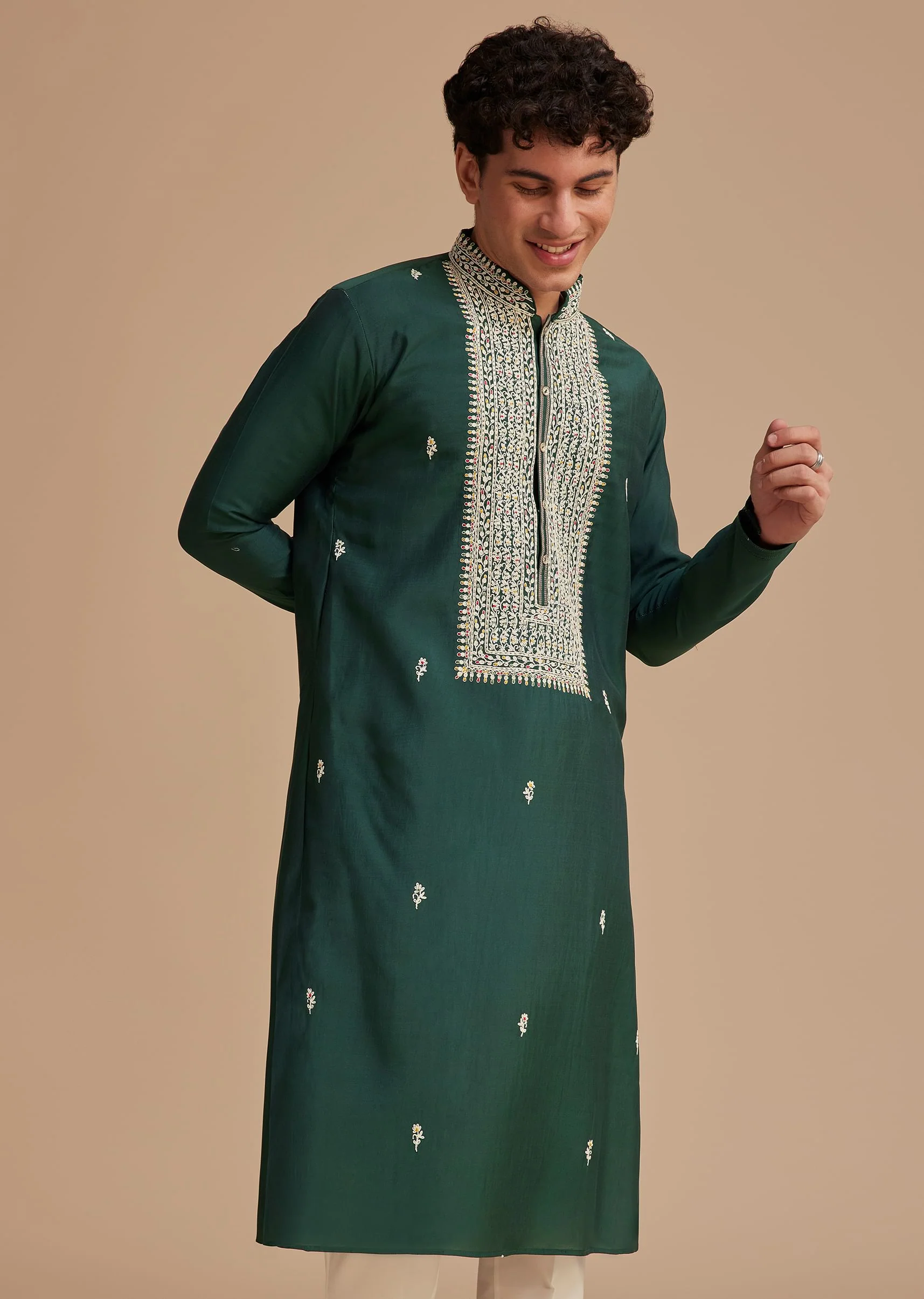 Bottle Green Silk Embroidered Kurta - Image 3