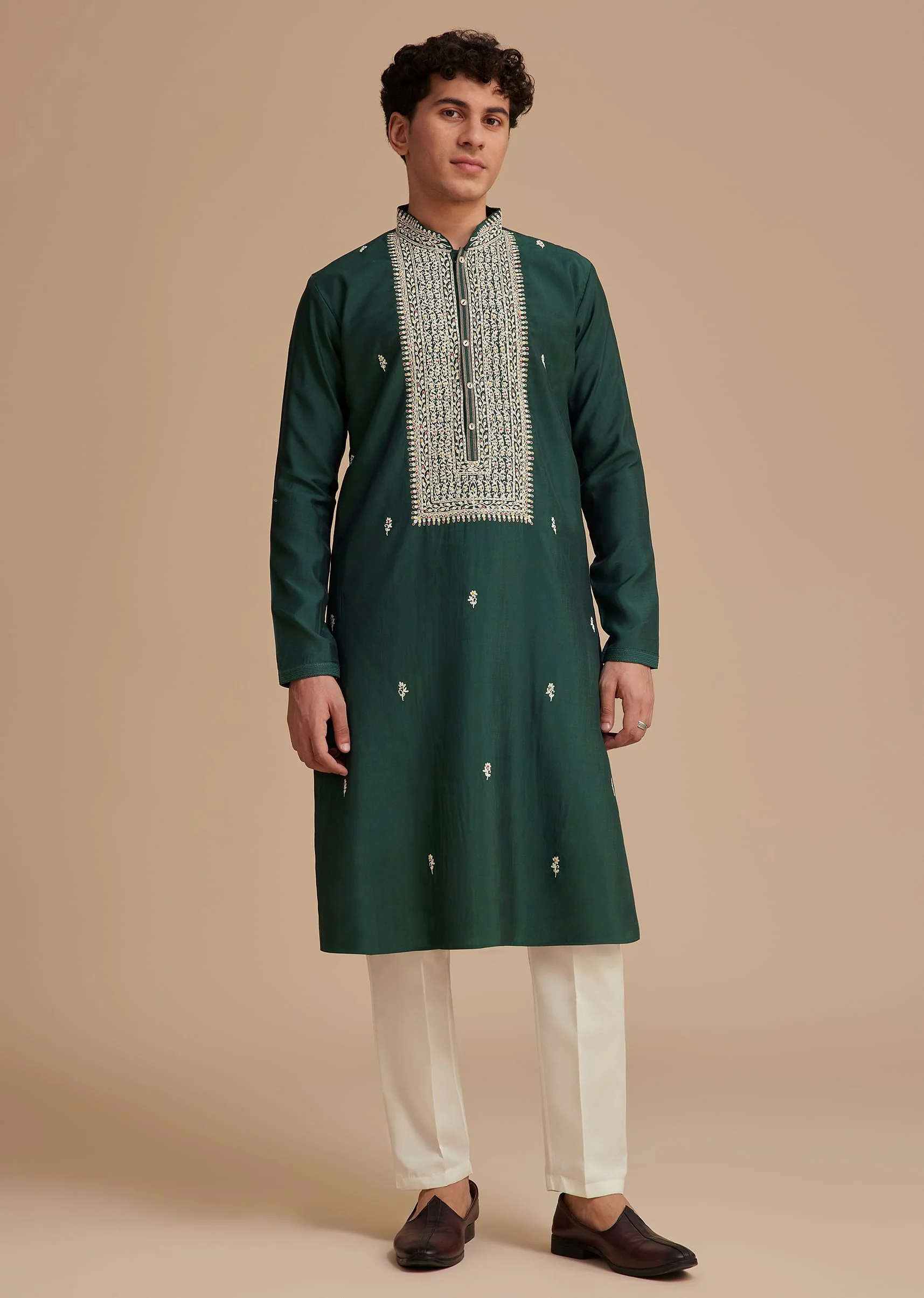 Bottle Green Silk Embroidered Kurta - Image 4