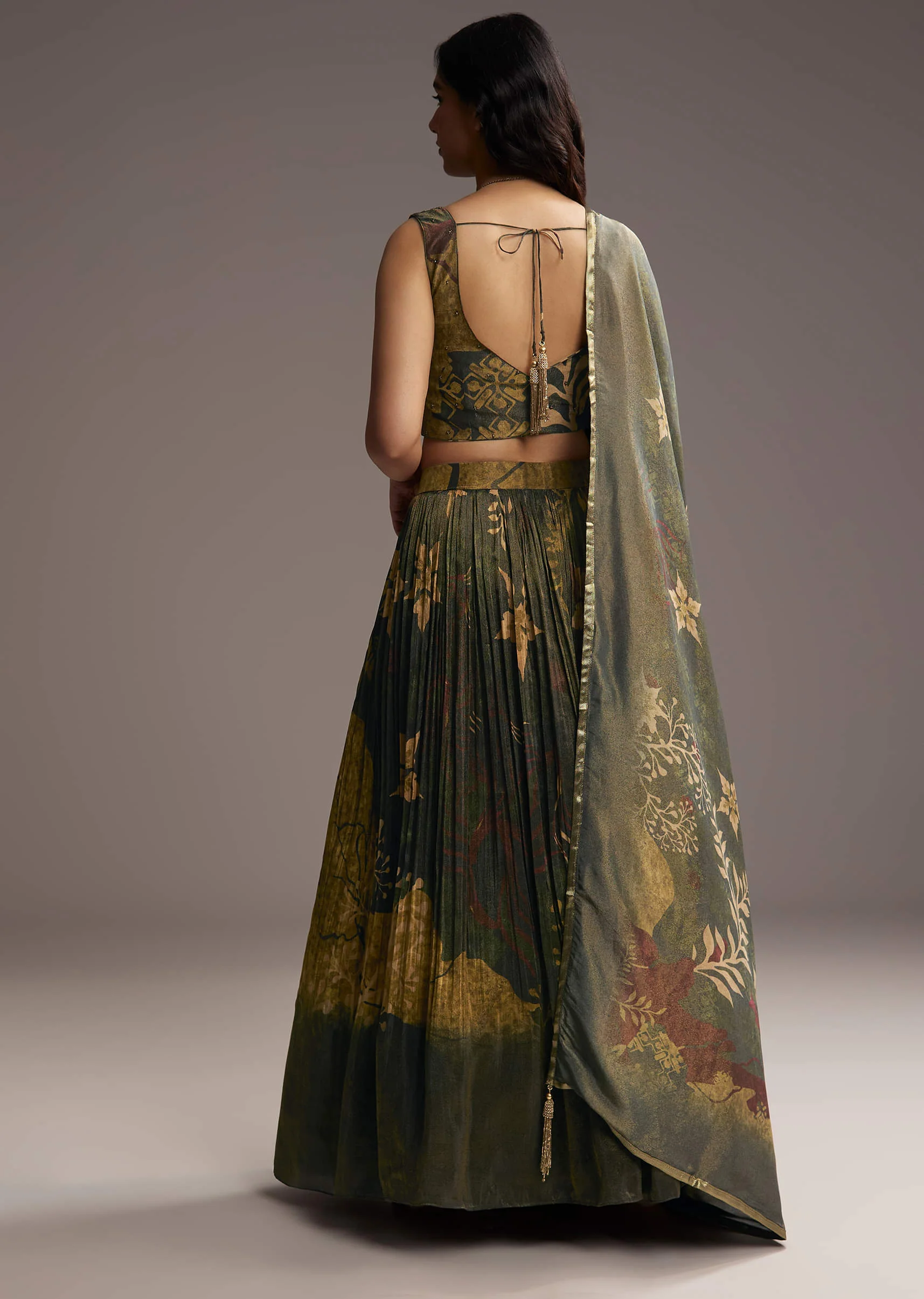 Bottle Green Tissue Lehenga Choli With Floral Print - Image 2