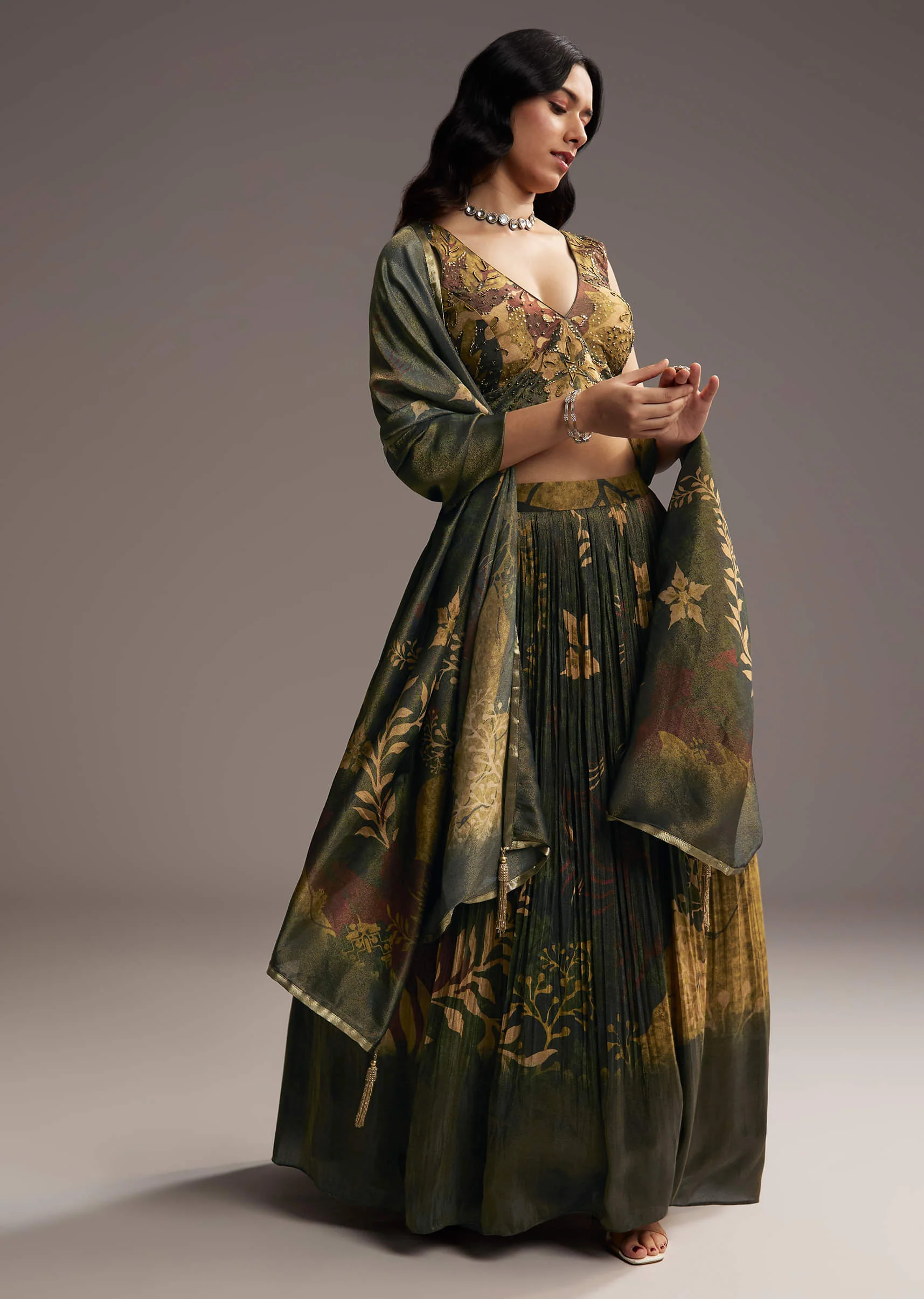 Bottle Green Tissue Lehenga Choli With Floral Print - Image 3