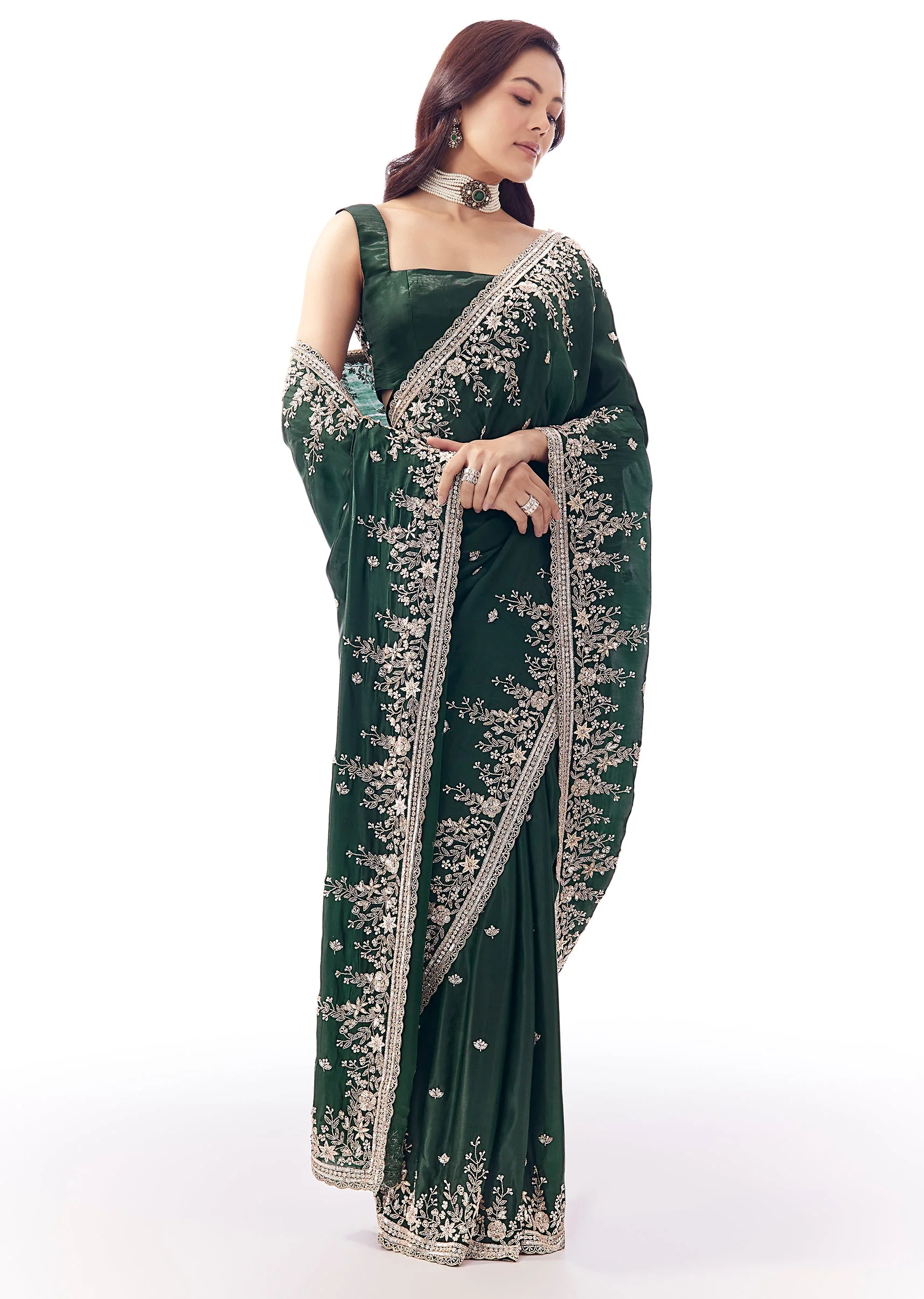 Bottle Green Tissue Silk Saree With Heavy Floral Embroidered Butti Border - Image 3