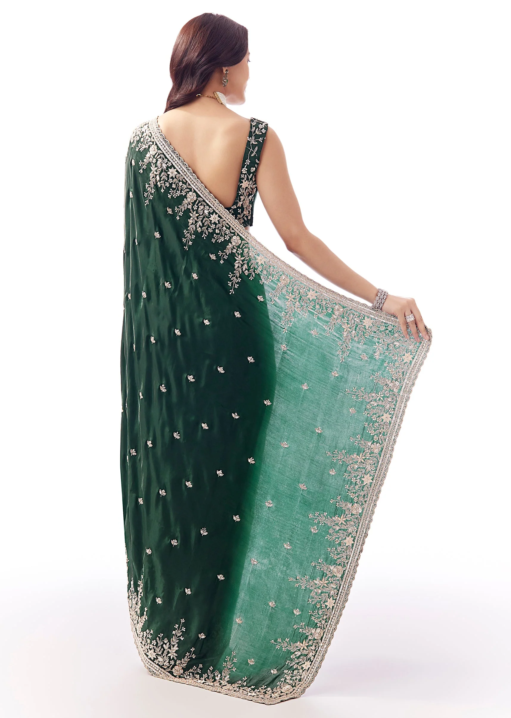 Bottle Green Tissue Silk Saree With Heavy Floral Embroidered Butti Border - Image 4