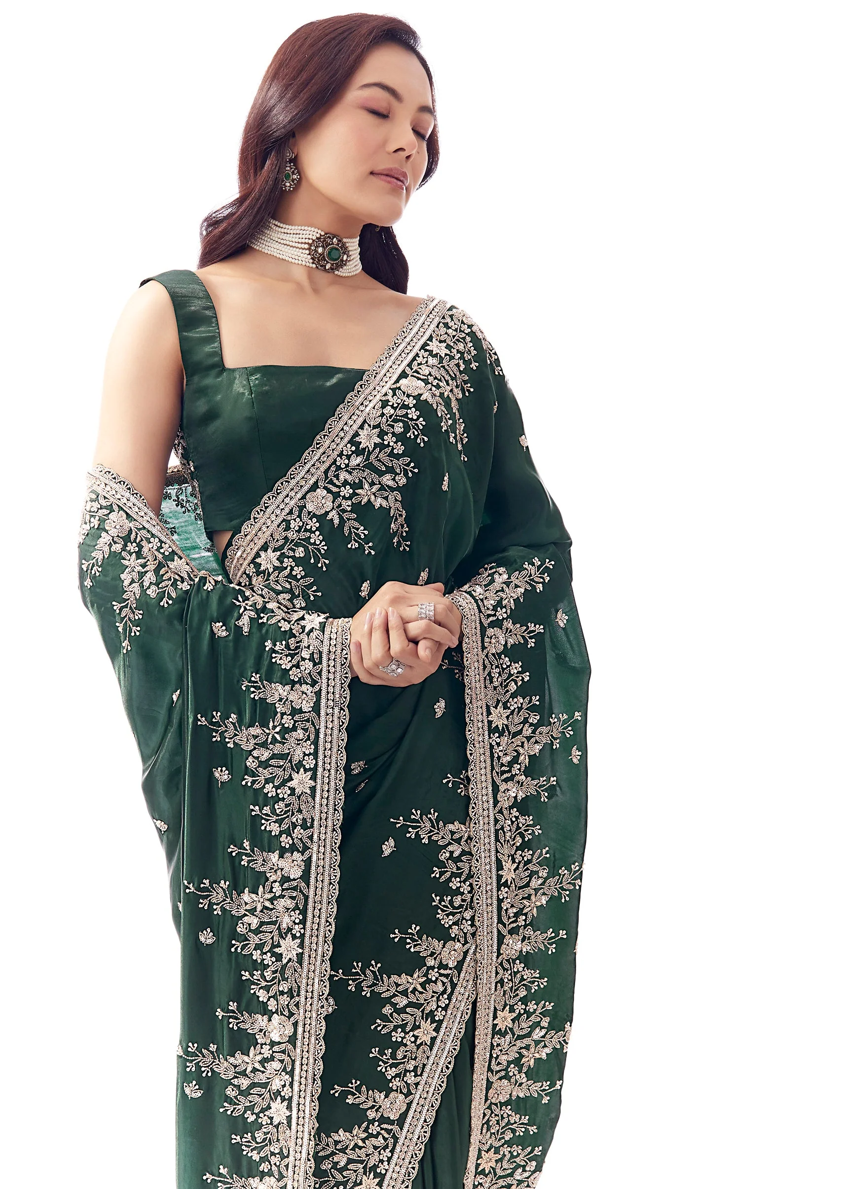 Bottle Green Tissue Silk Saree With Heavy Floral Embroidered Butti Border - Image 5