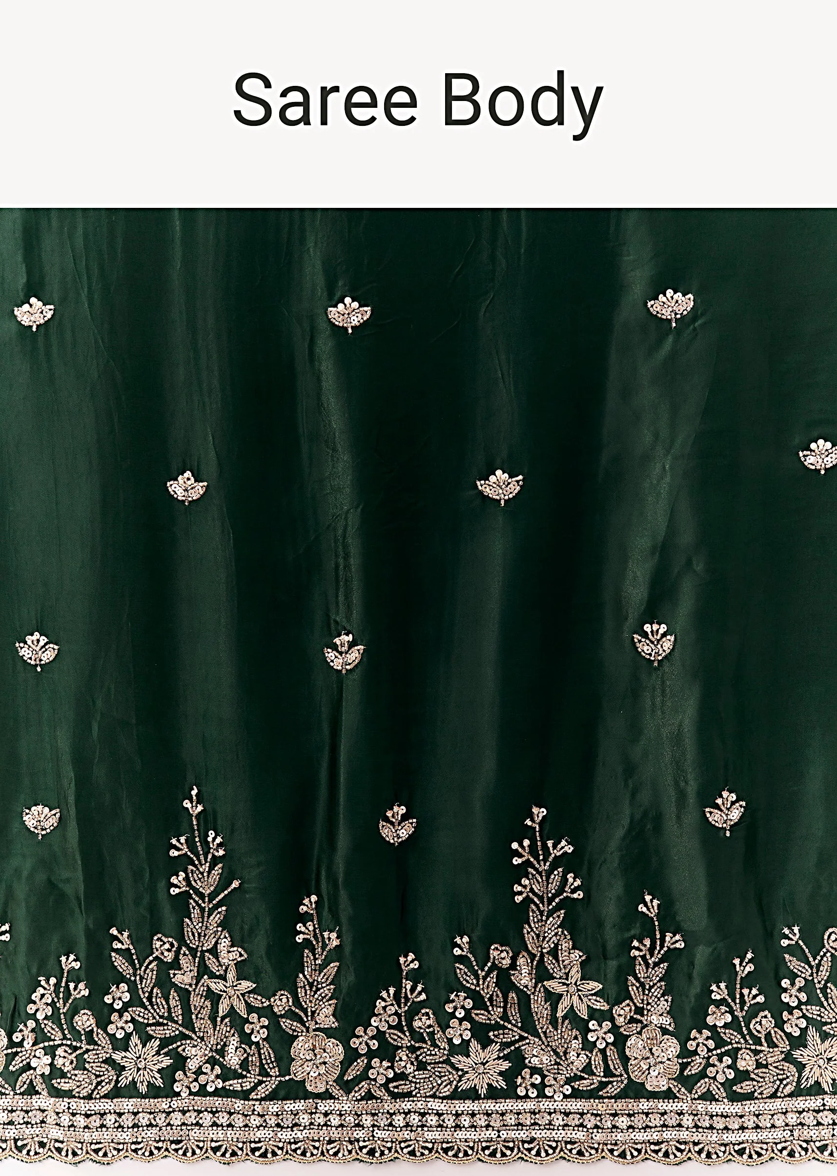 Bottle Green Tissue Silk Saree With Heavy Floral Embroidered Butti Border - Image 9