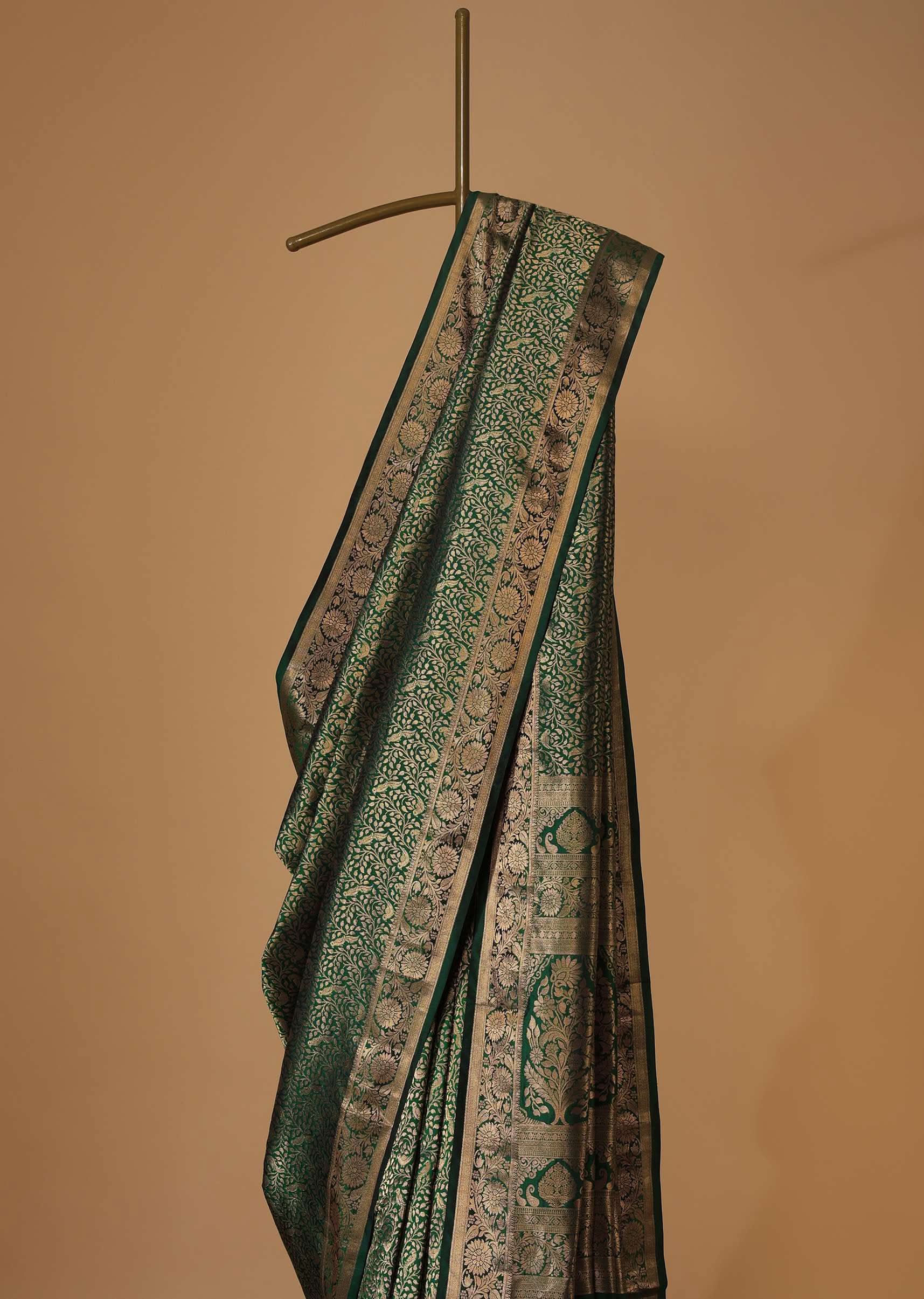 Bottle Green Woven Kanjivaram Saree In Pure Silk With Unstitched Blouse - Image 2