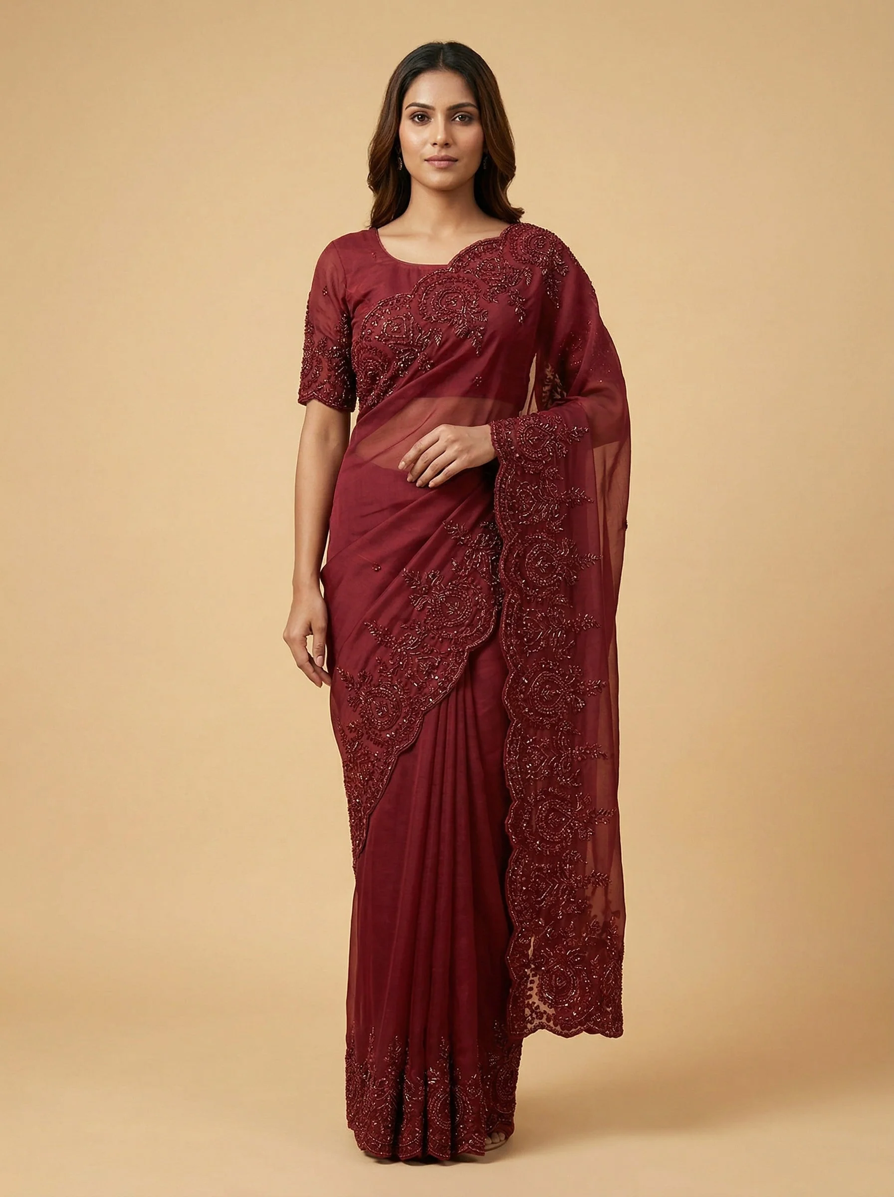 Brick Maroon Embroidered Saree