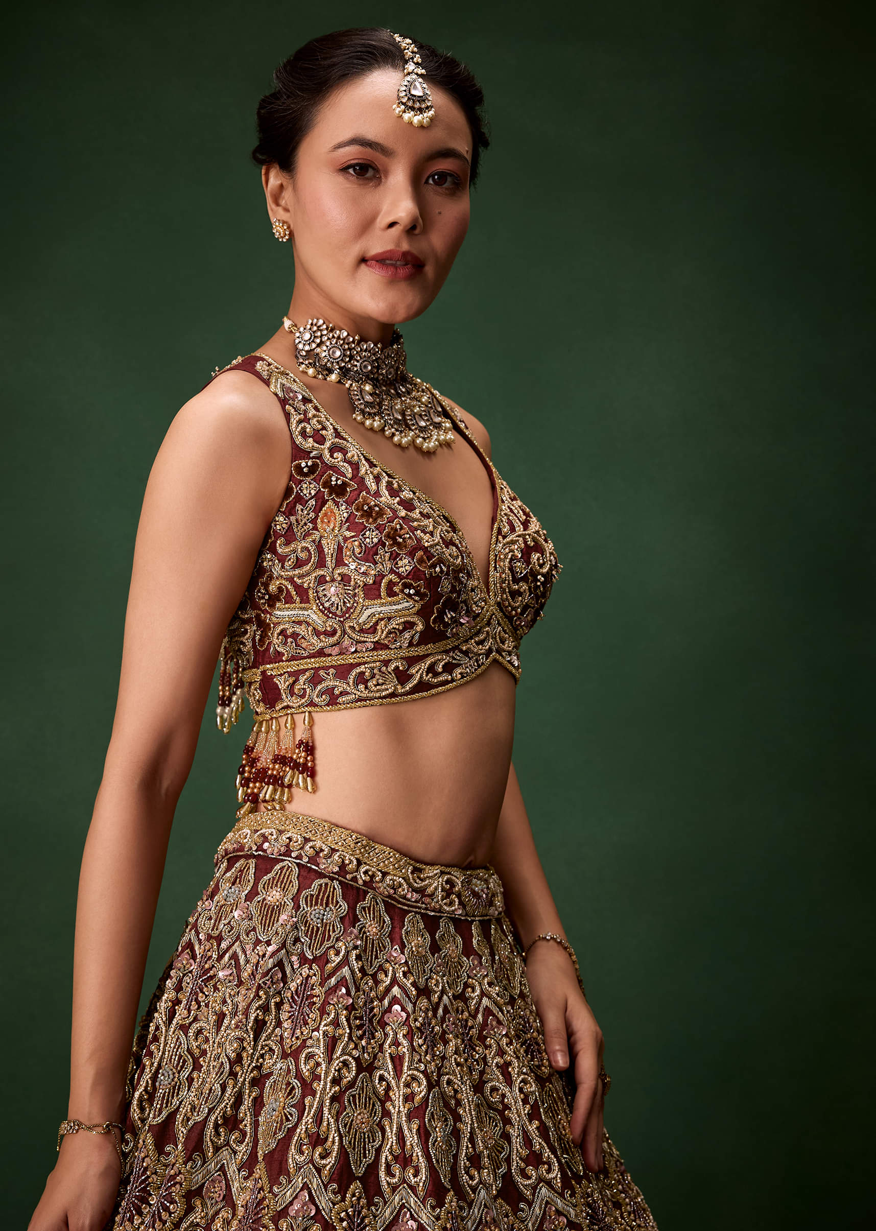 Bridal Lehenga Embroidered Set with Two Dupattas - Image 6
