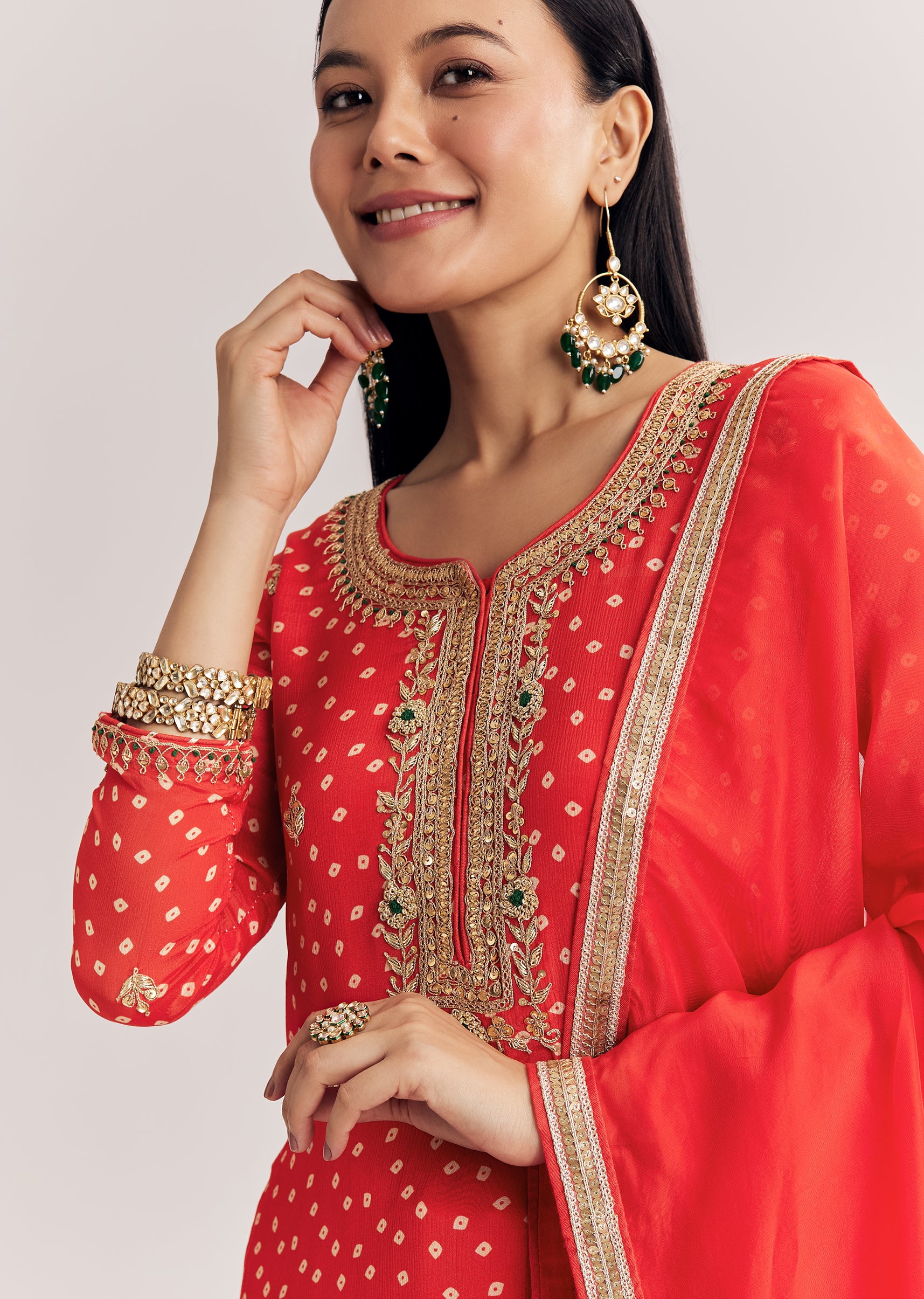 Bright Orange Bandhani Kurta Palazzo Suit With Sequins And Zardosi Work - Image 2