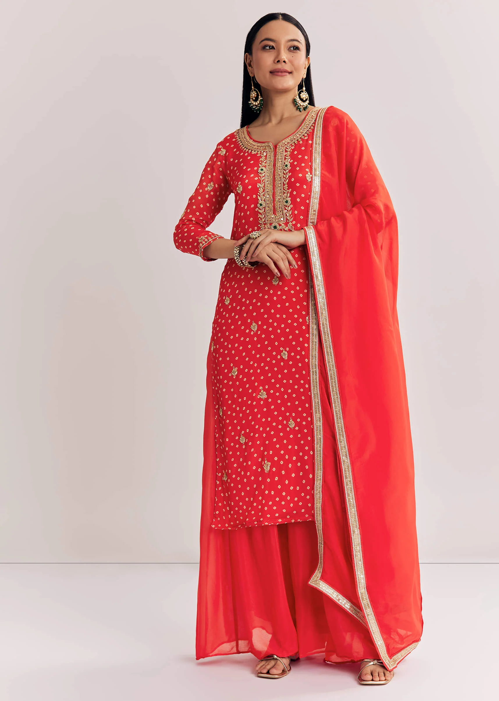 Bright Orange Bandhani Kurta Palazzo Suit With Sequins And Zardosi Work - Image 3