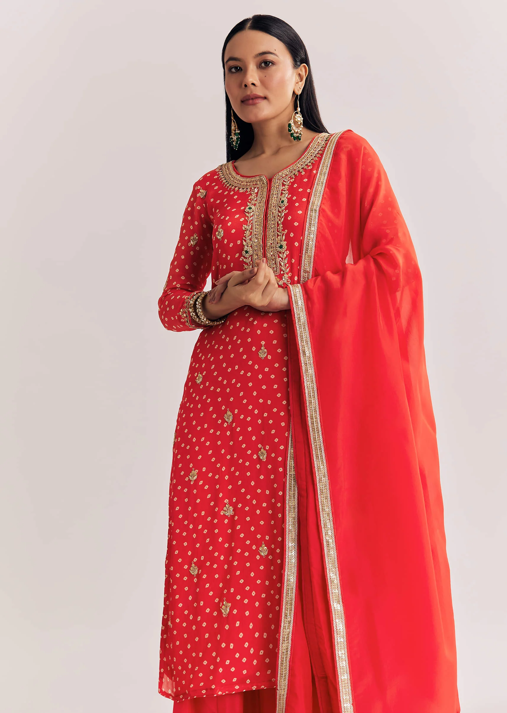 Bright Orange Bandhani Kurta Palazzo Suit With Sequins And Zardosi Work - Image 4