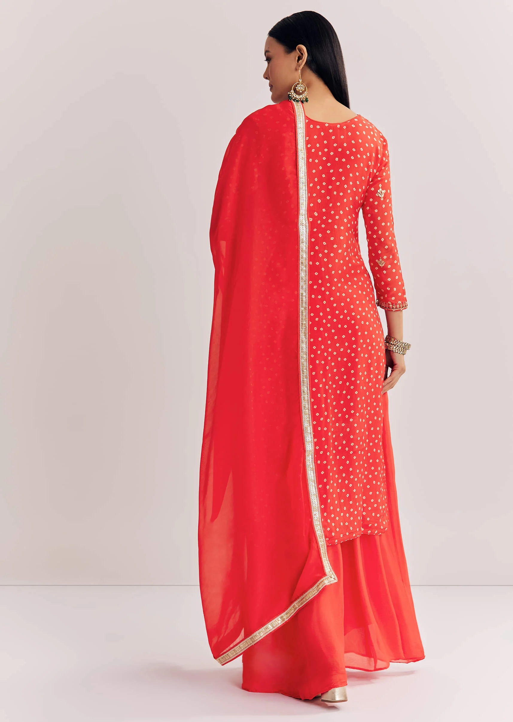Bright Orange Bandhani Kurta Palazzo Suit With Sequins And Zardosi Work - Image 5