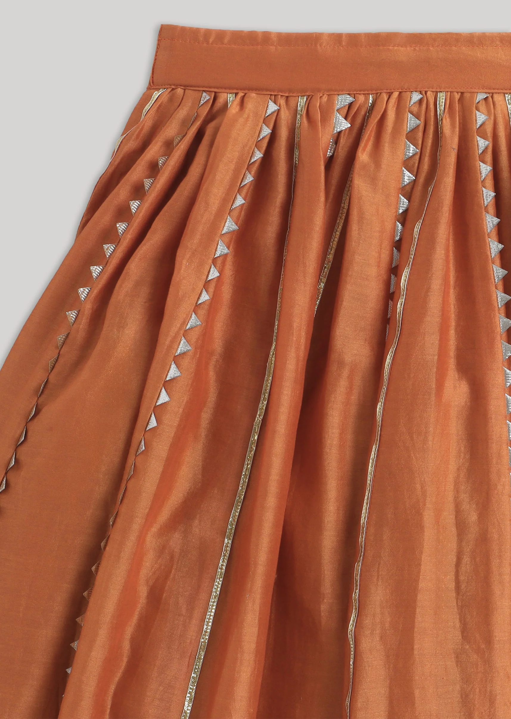 Bright Orange Gold Chanderi Lehenga Set With Classic Gotta Detailing - Image 8