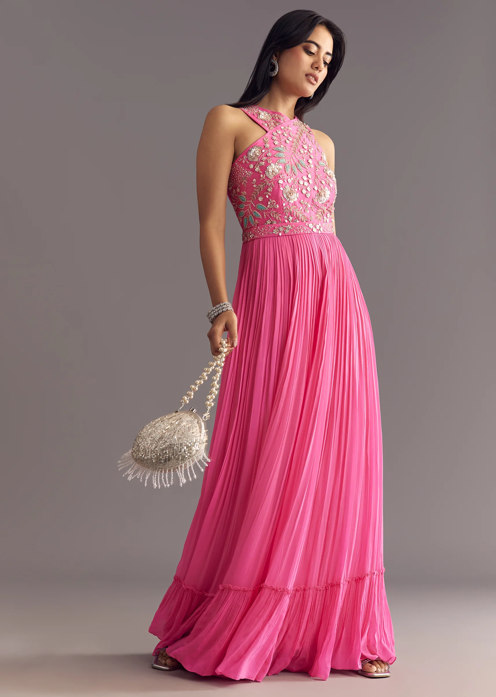 Bright Pink Georgette Jumpsuit With Embroidered Belt - Image 3