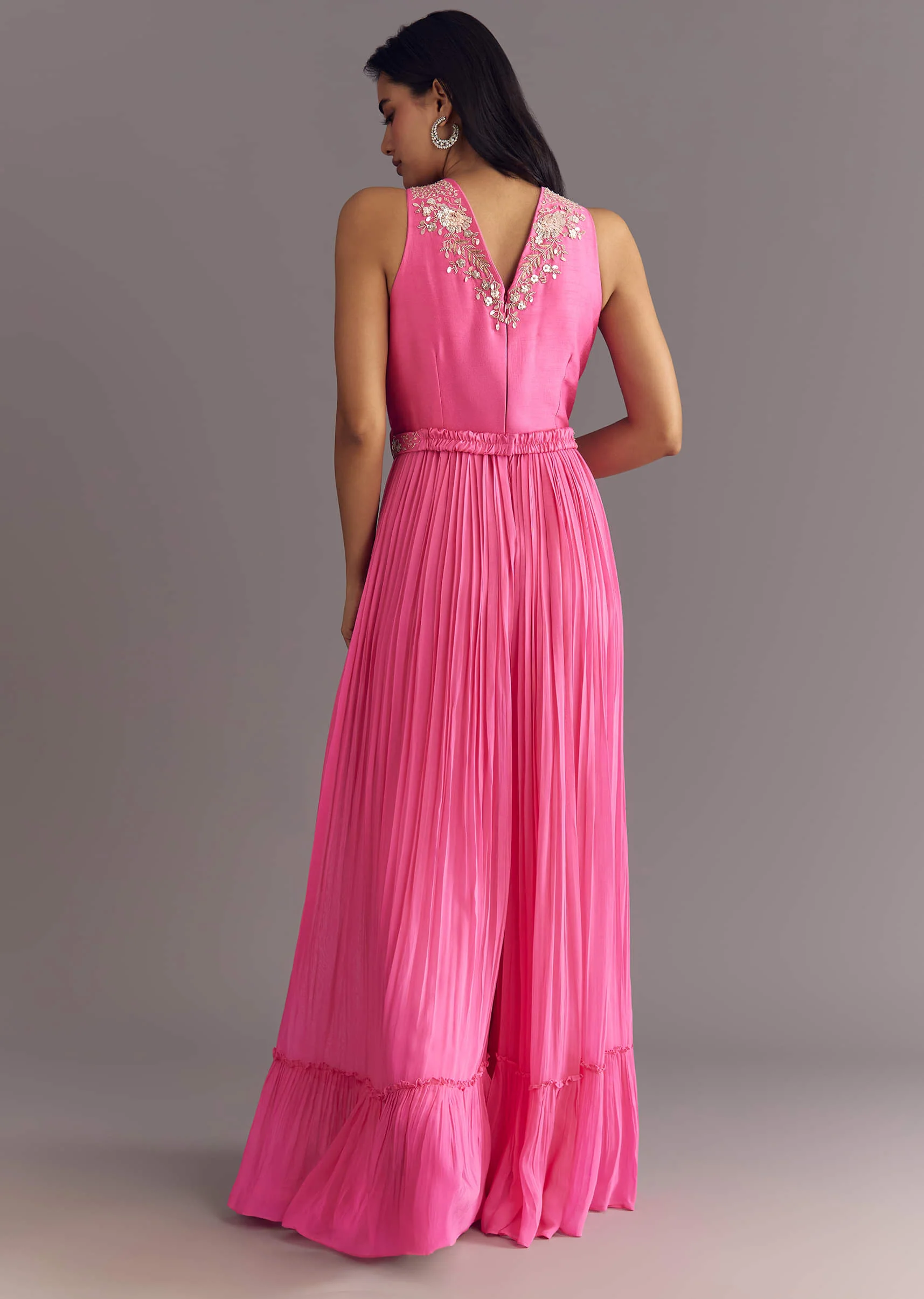Bright Pink Georgette Jumpsuit With Embroidered Belt - Image 5