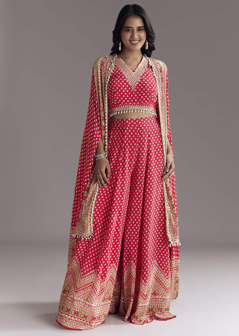 Bright Red Printed Cape Set