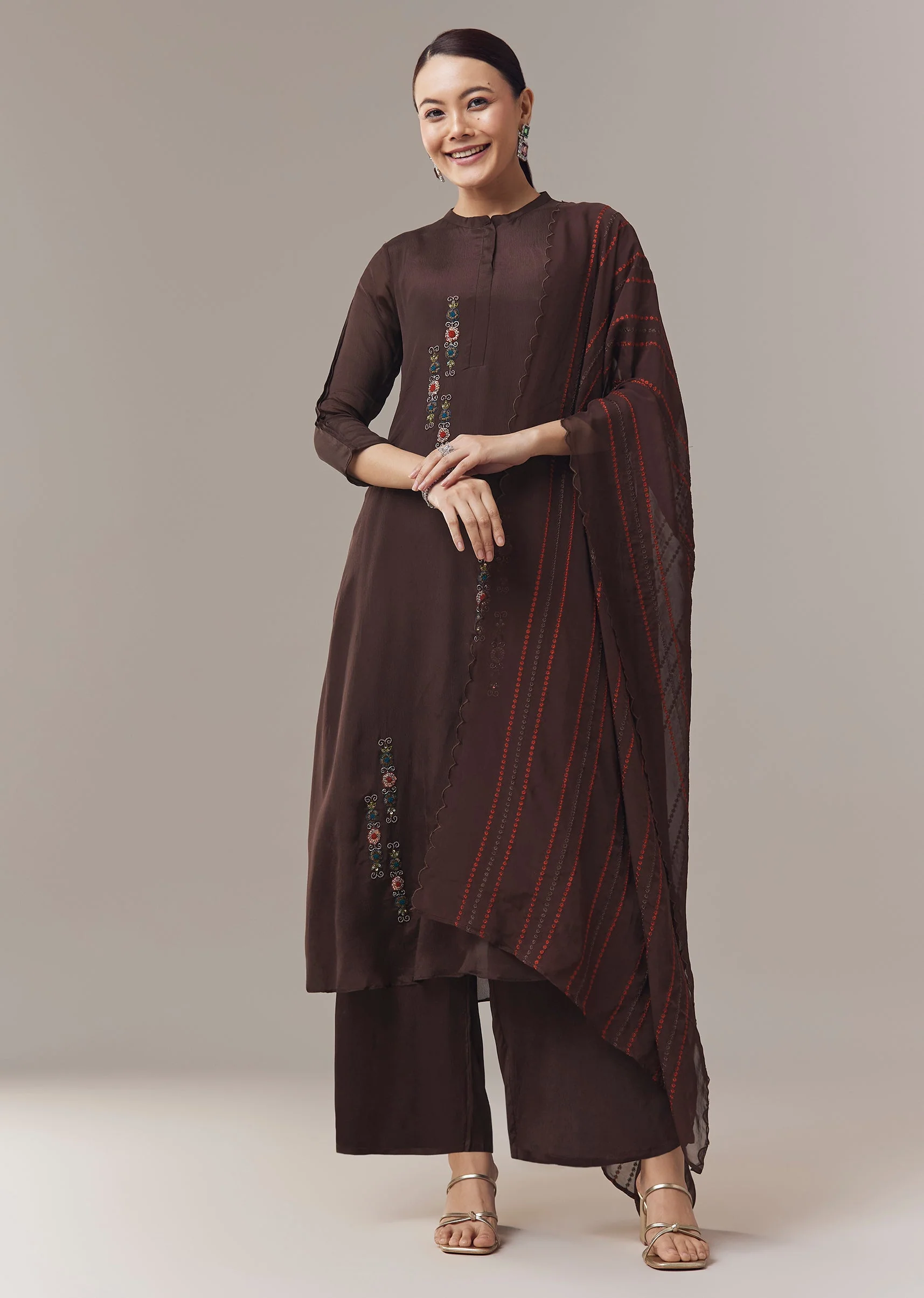 Brown Anarkali Suit With Beads Cut Dana And Resham Work And Dupatta