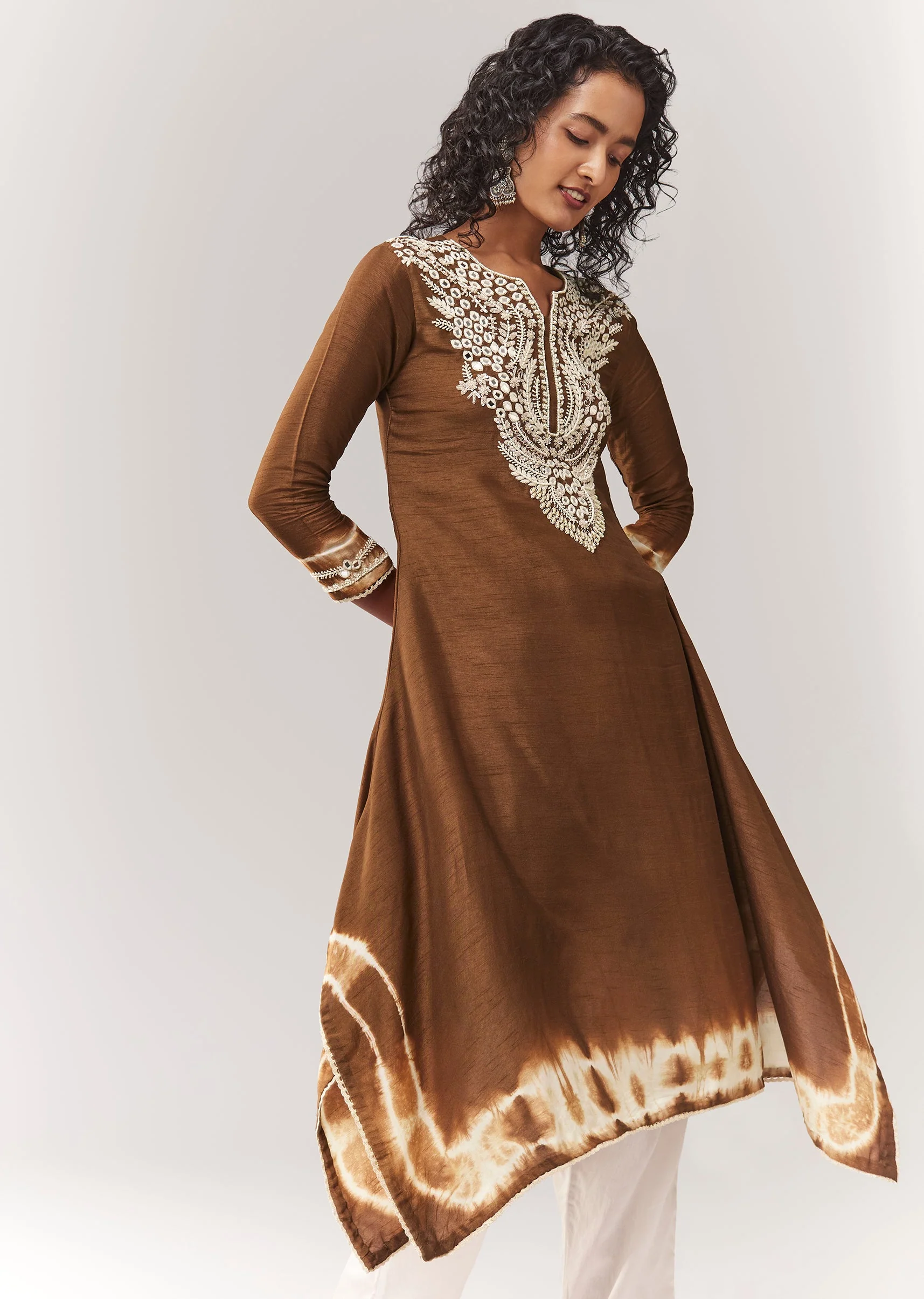Brown Asymmetric A line Kurta Coord With Mirror And Sequin Work - Image 4
