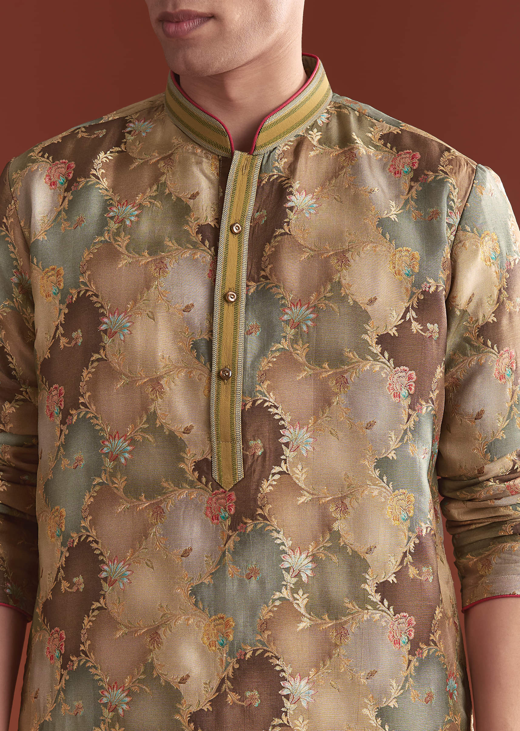 Brown Banarasi Kurta Set For Men With Vine Pattern - Image 2