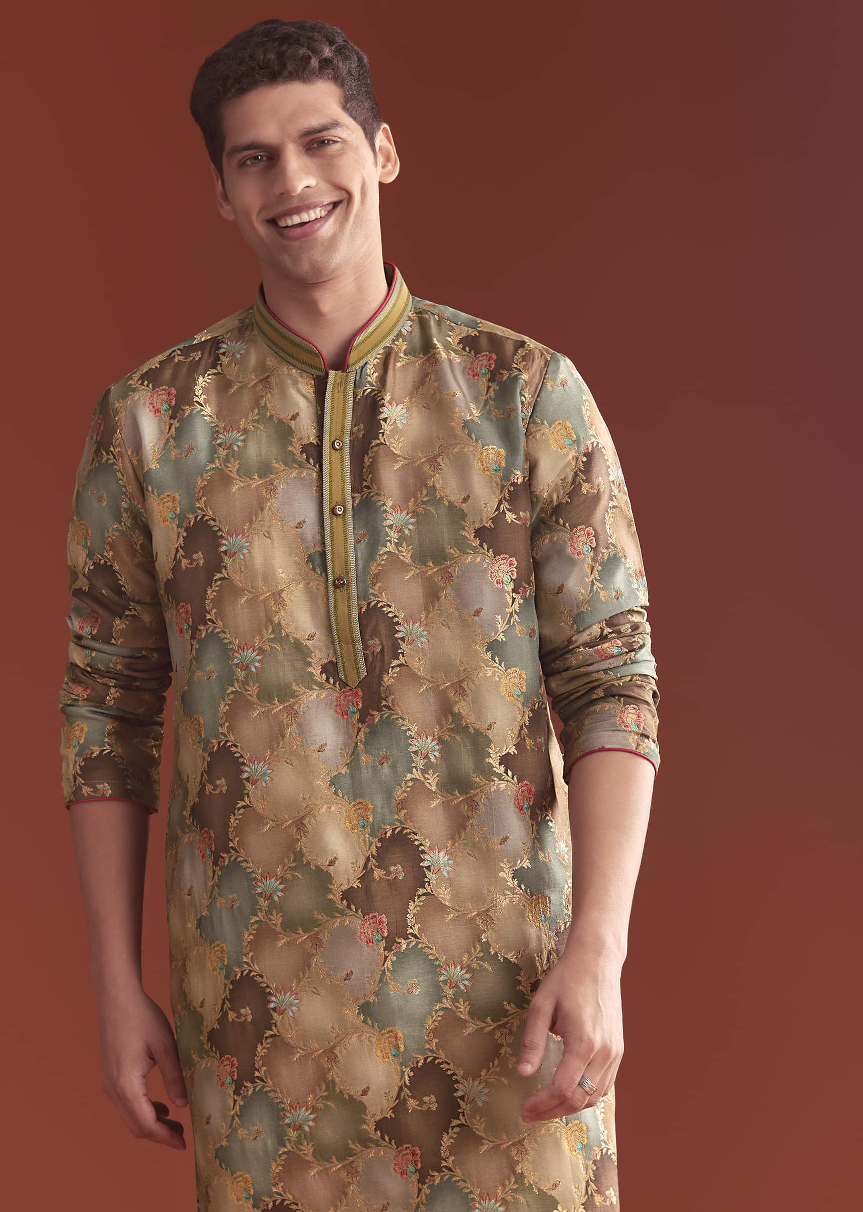 Brown Banarasi Kurta Set For Men With Vine Pattern - Image 4
