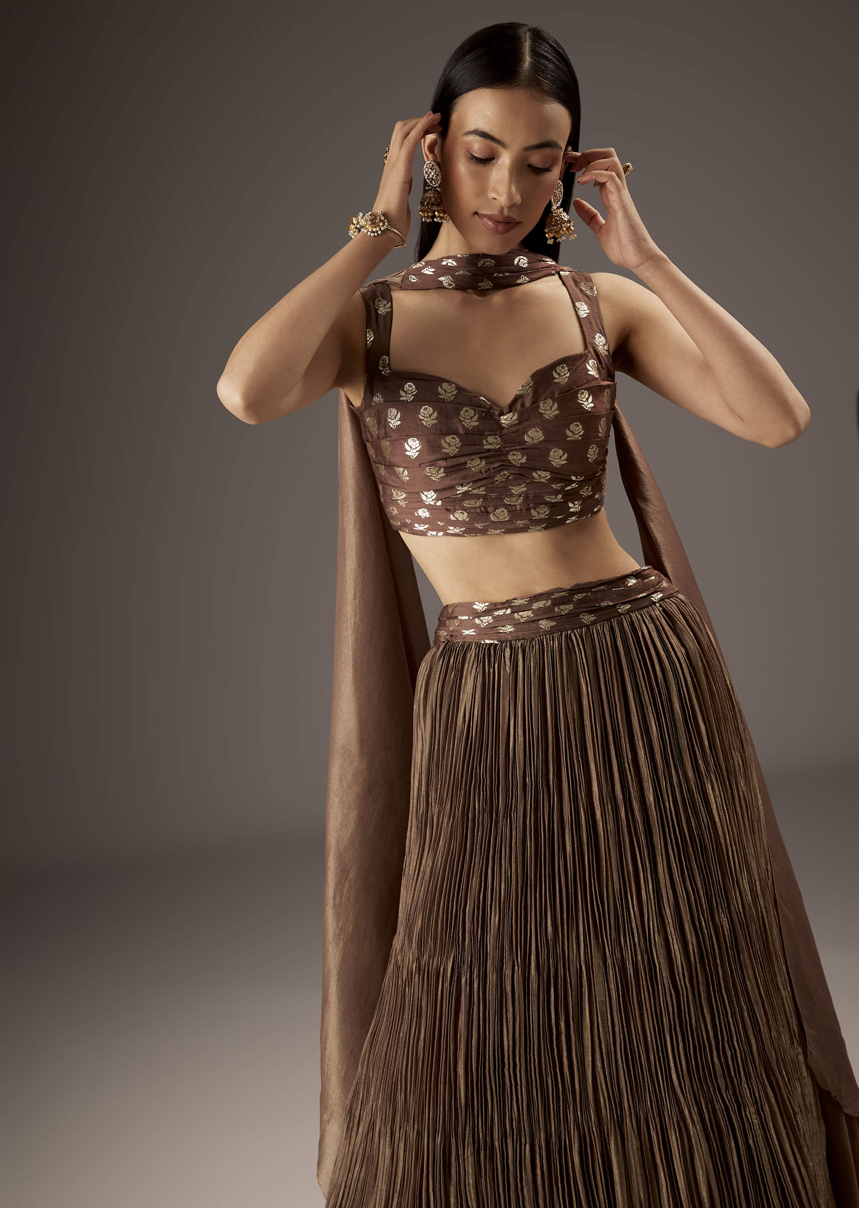 Brown Banarasi Silk Bridesmaid Lehenga - Image 5