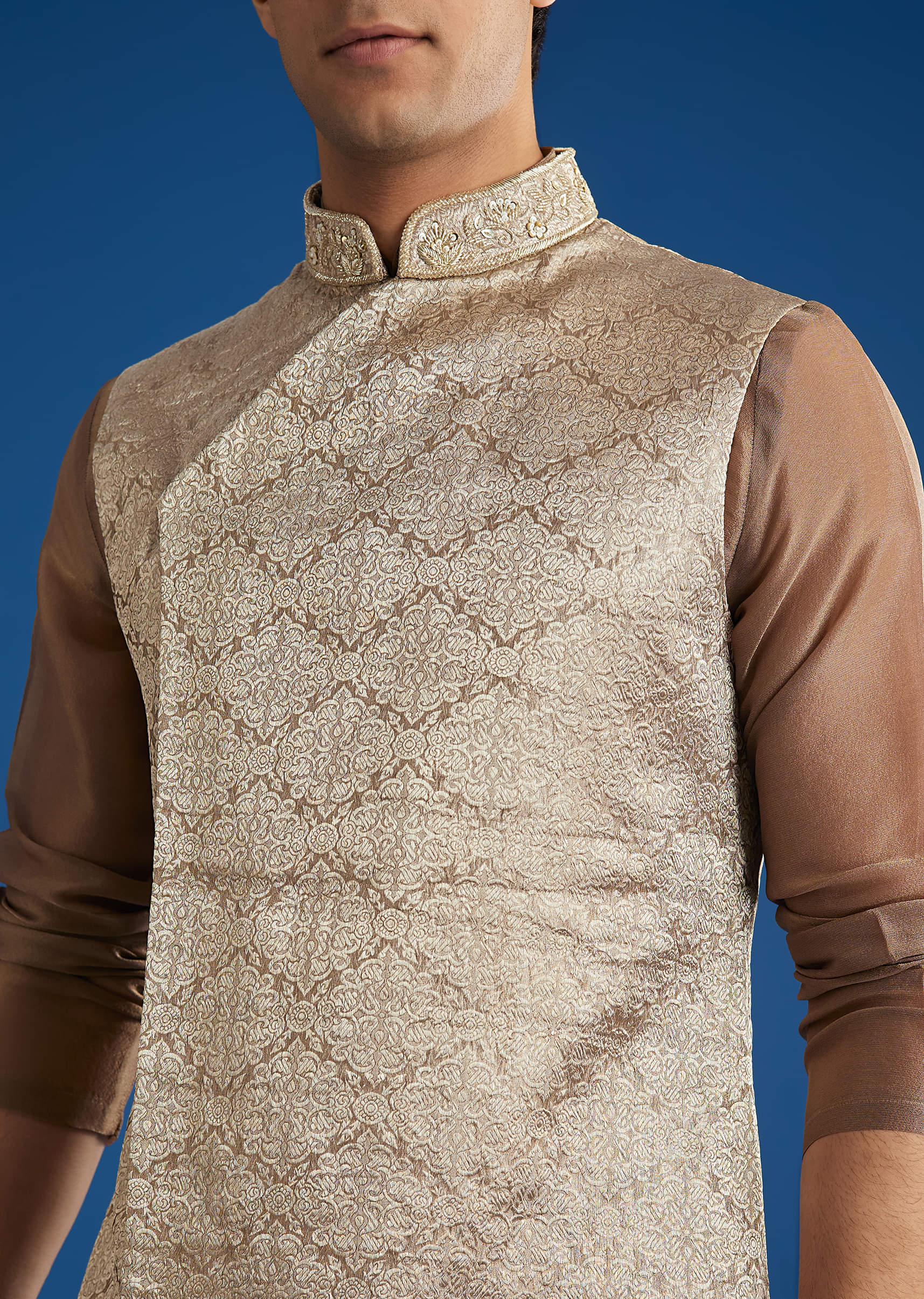 Brown Banarasi Silk Jacket Kurta Set With Cutdana Work - Image 3