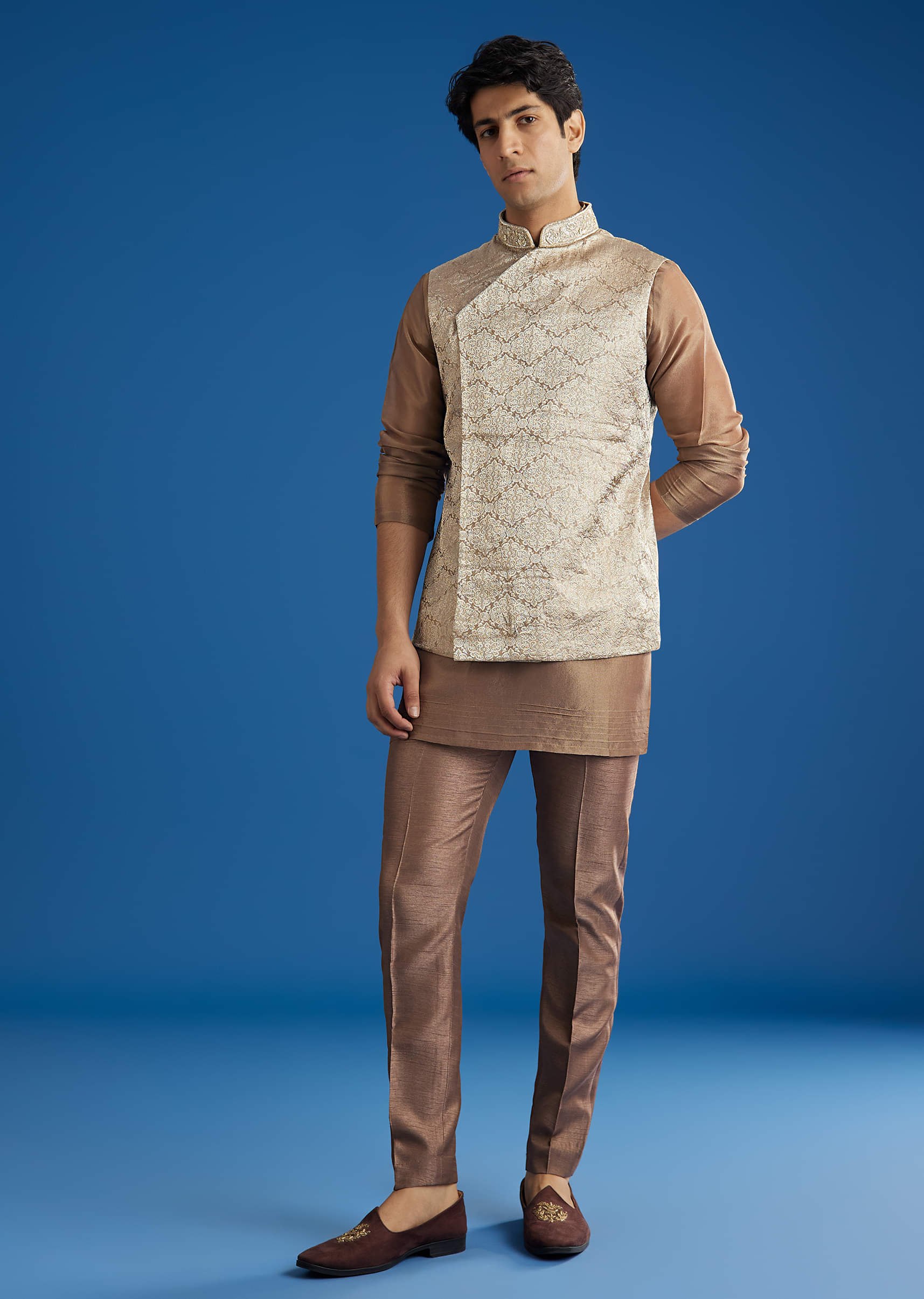 Brown Banarasi Silk Jacket Kurta Set With Cutdana Work - Image 4