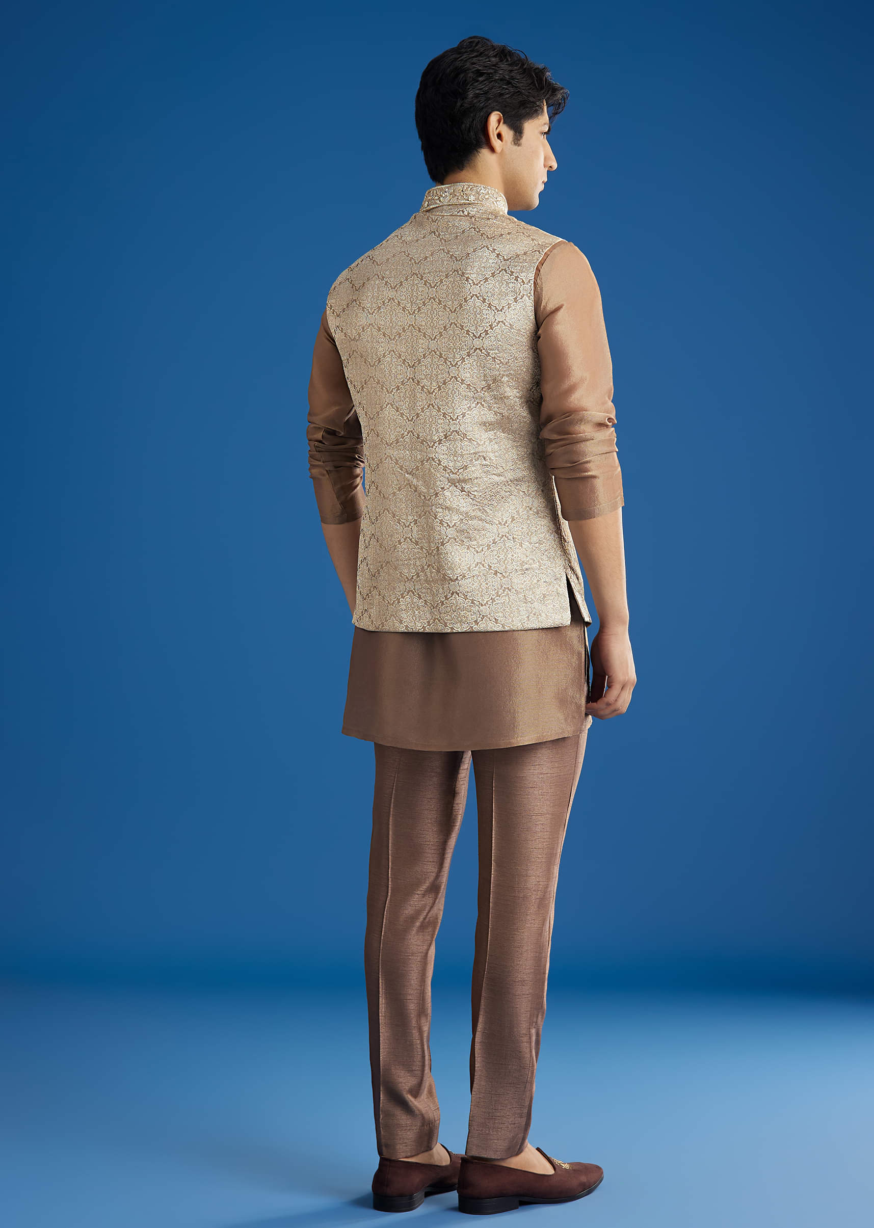 Brown Banarasi Silk Jacket Kurta Set With Cutdana Work - Image 5