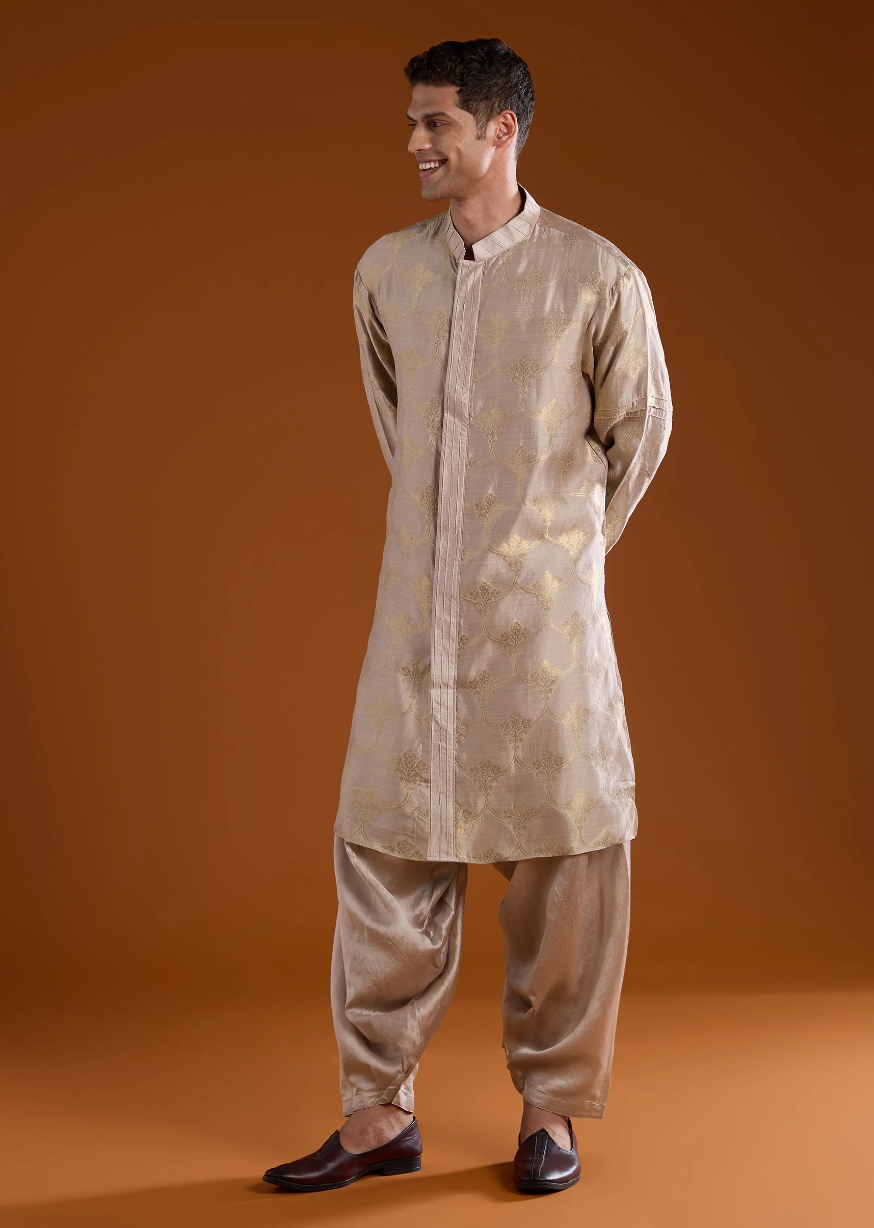 Brown Banarasi Silk Mens Kurta Pant Set - Image 3