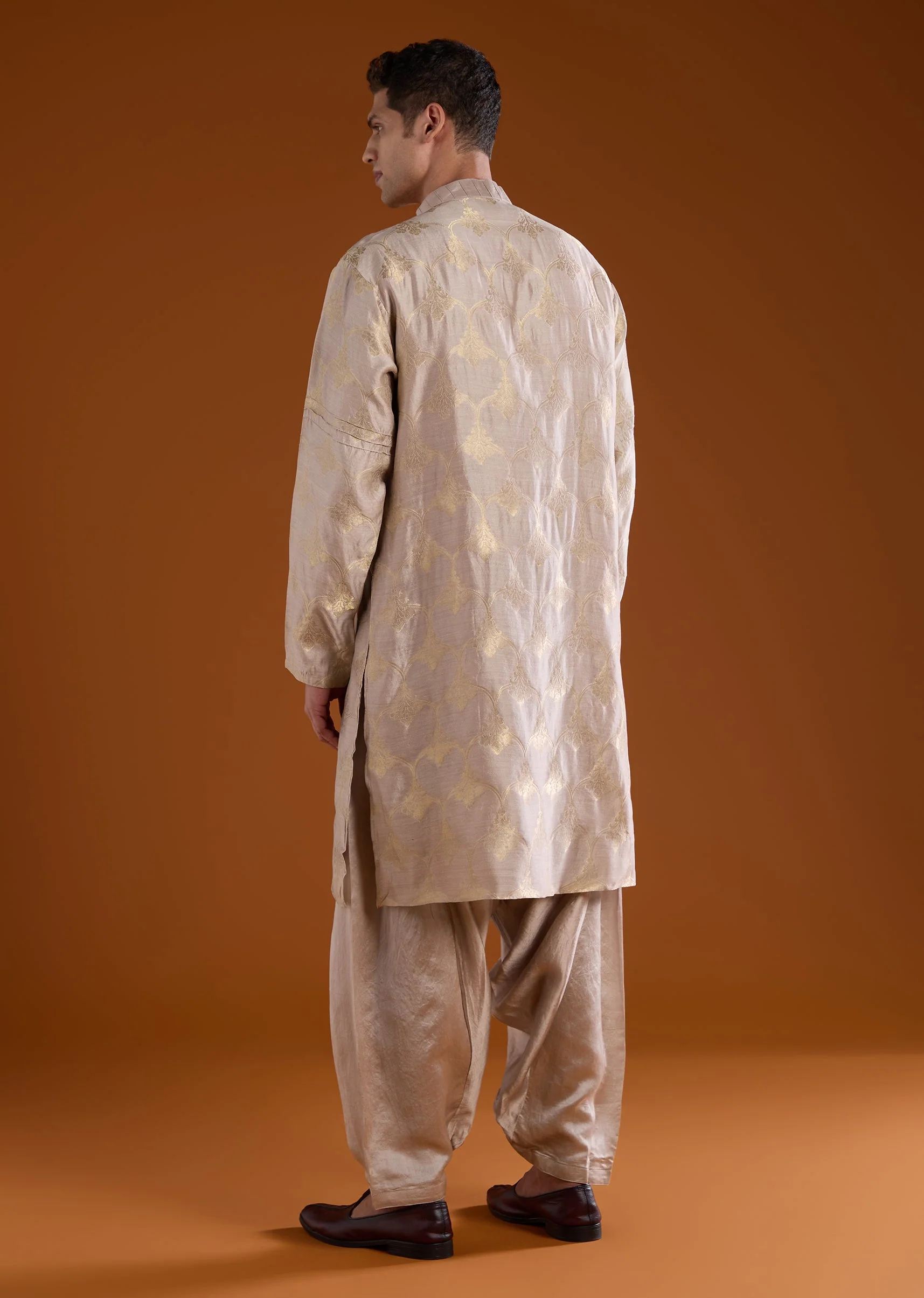 Brown Banarasi Silk Mens Kurta Pant Set - Image 5