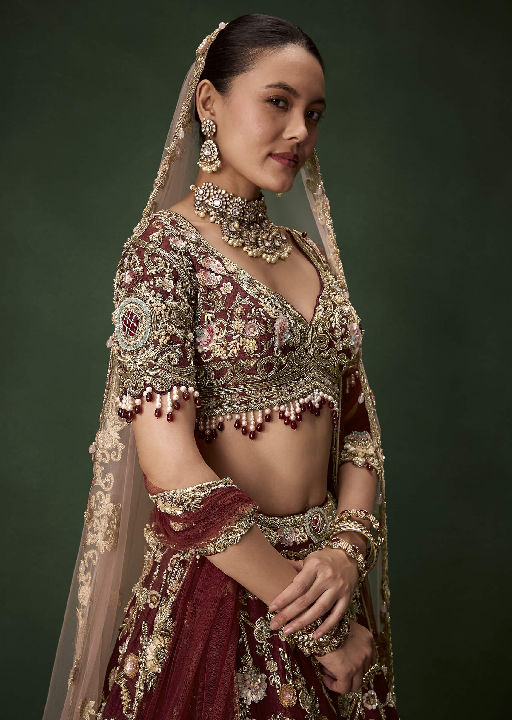Brown Bridal Cutdana Embellished Silk Lehenga Set with Two Dupattas - Image 3