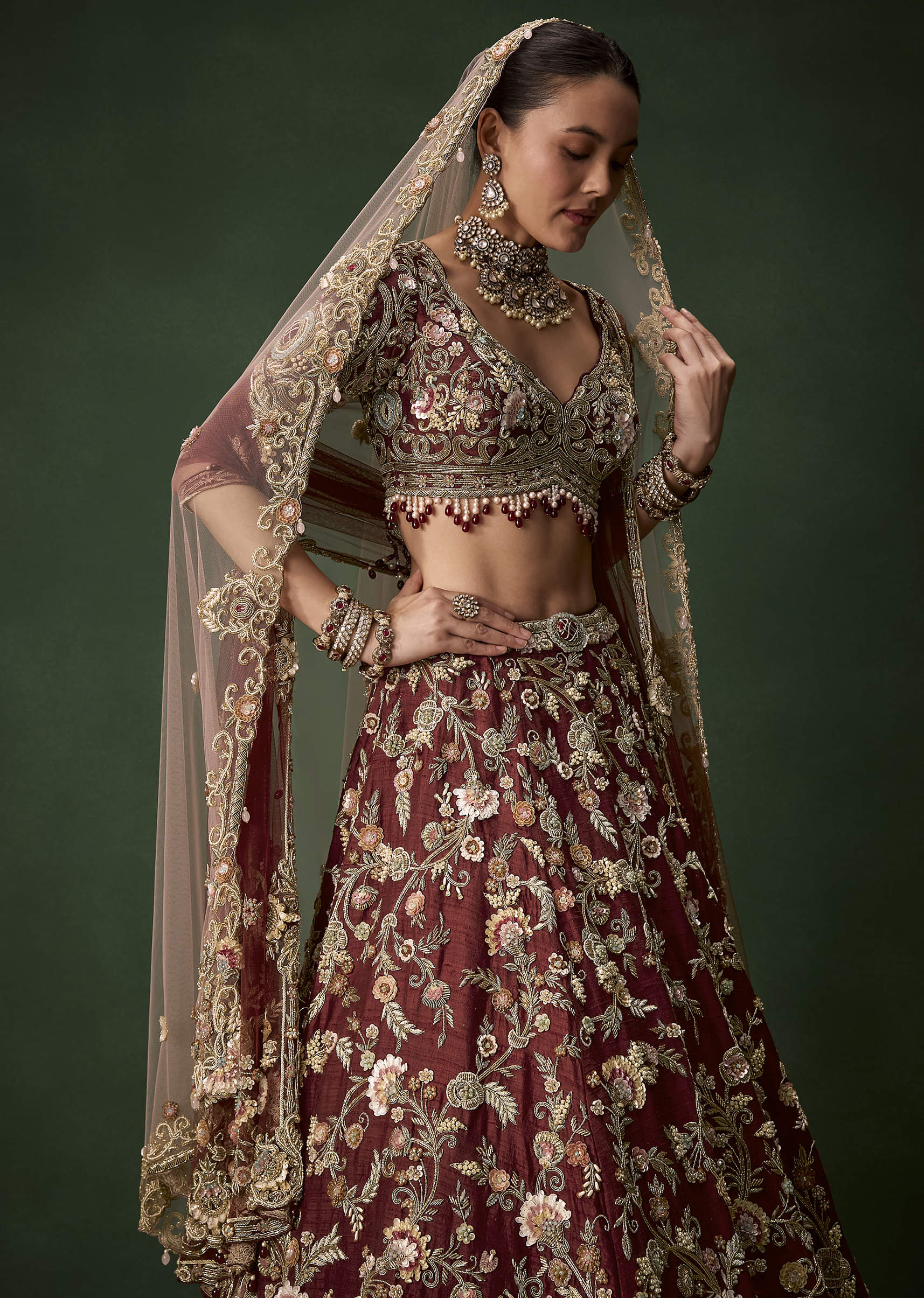 Brown Bridal Cutdana Embellished Silk Lehenga Set with Two Dupattas - Image 5