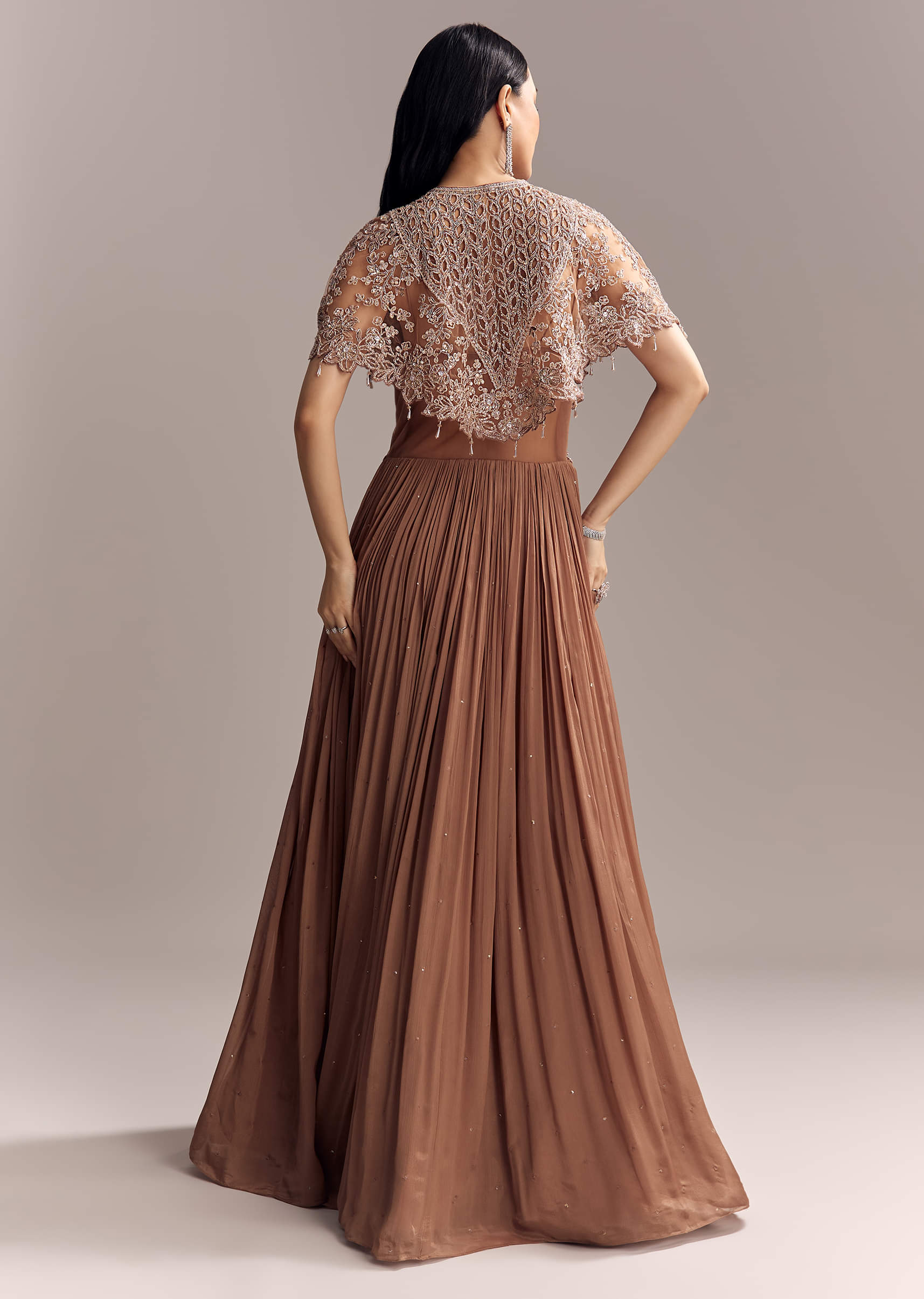 Brown Chinon Contemporary Gown With Embroidered Cape - Image 5