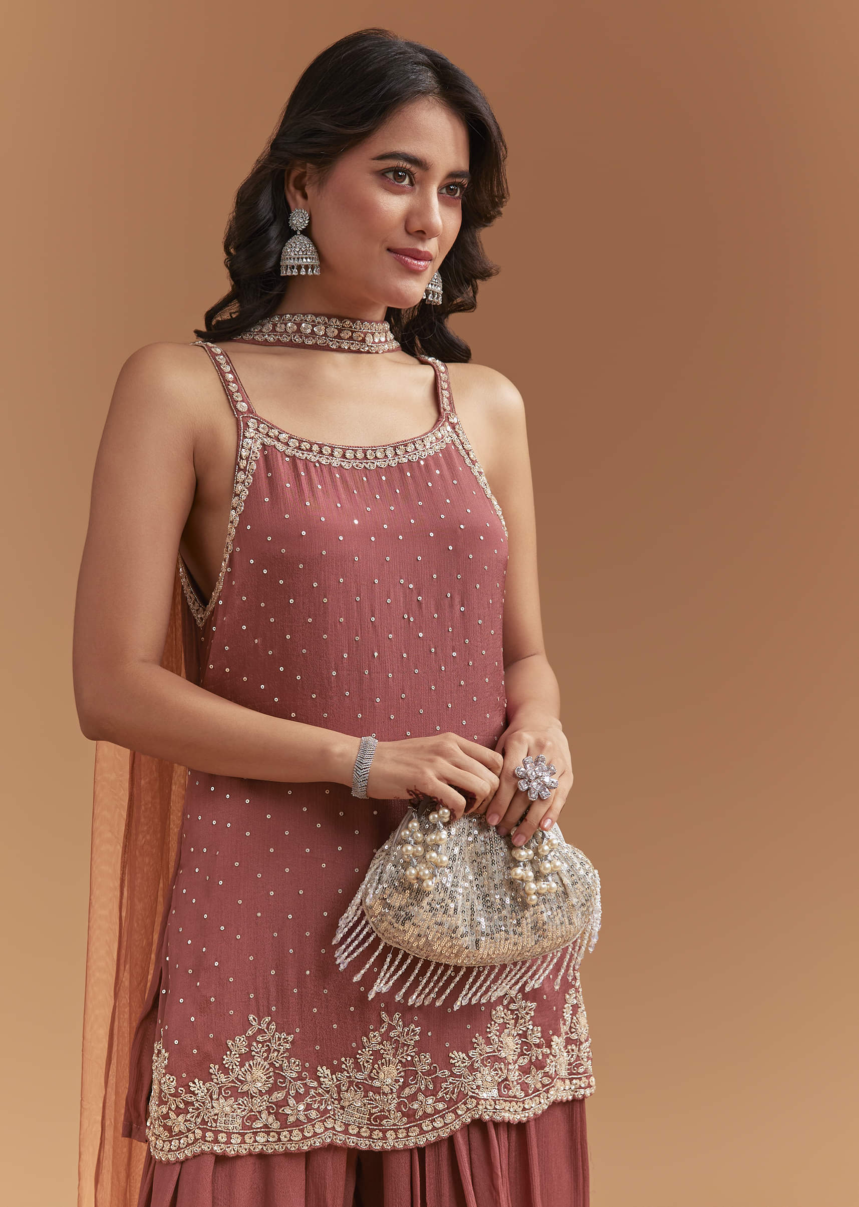 Brown Chinon Palazzo Suit With Sequins Hand Embroidery - Image 5