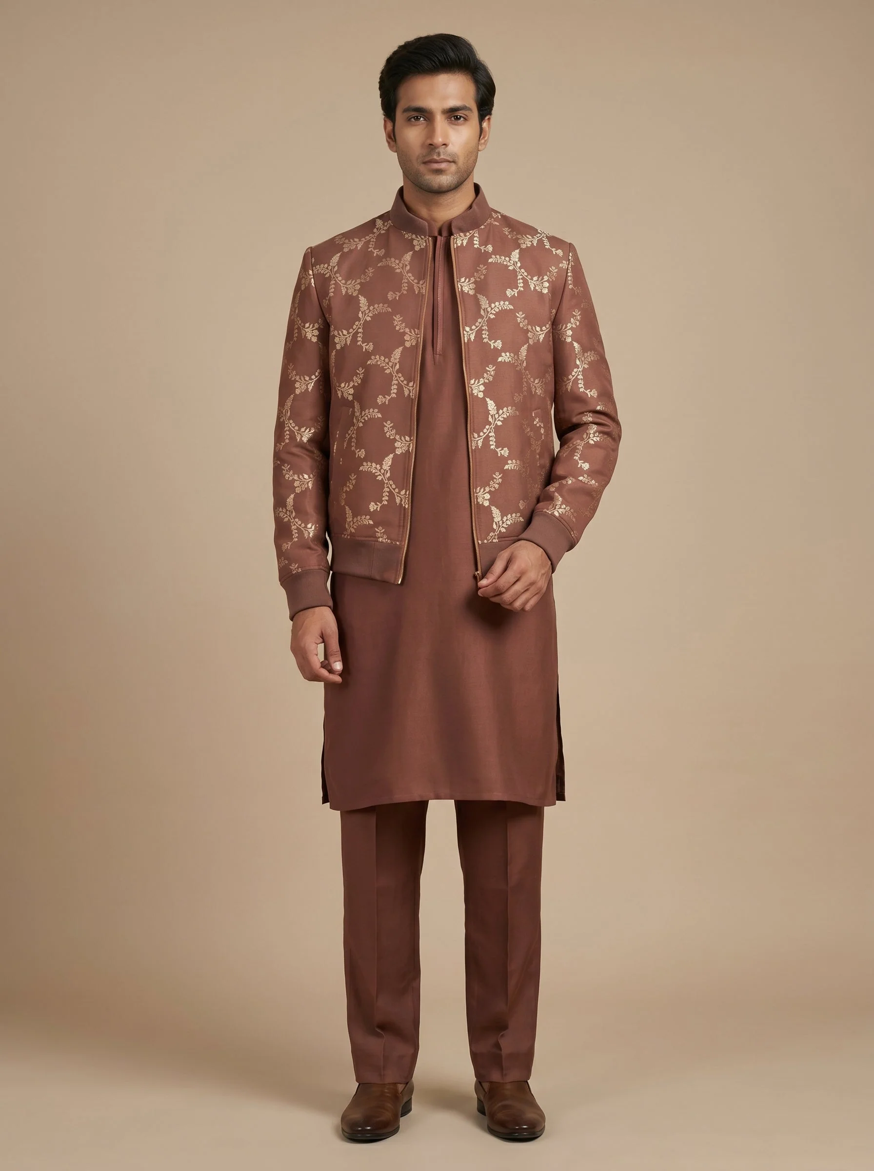 Brown Classic Jacket Kurta Set