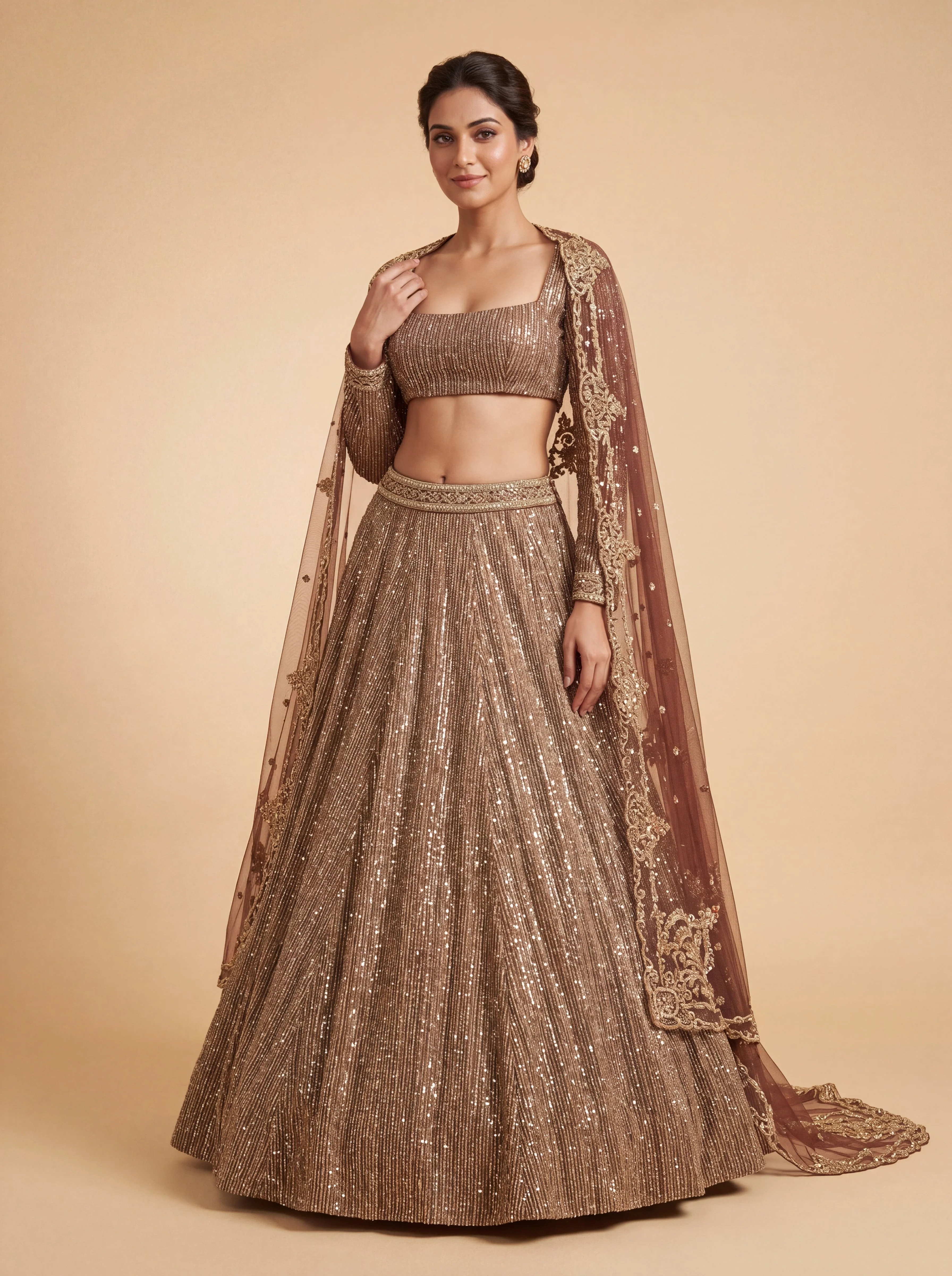 Brown Contemporary Bridal Lehenga With Golden Trailing Dupatta