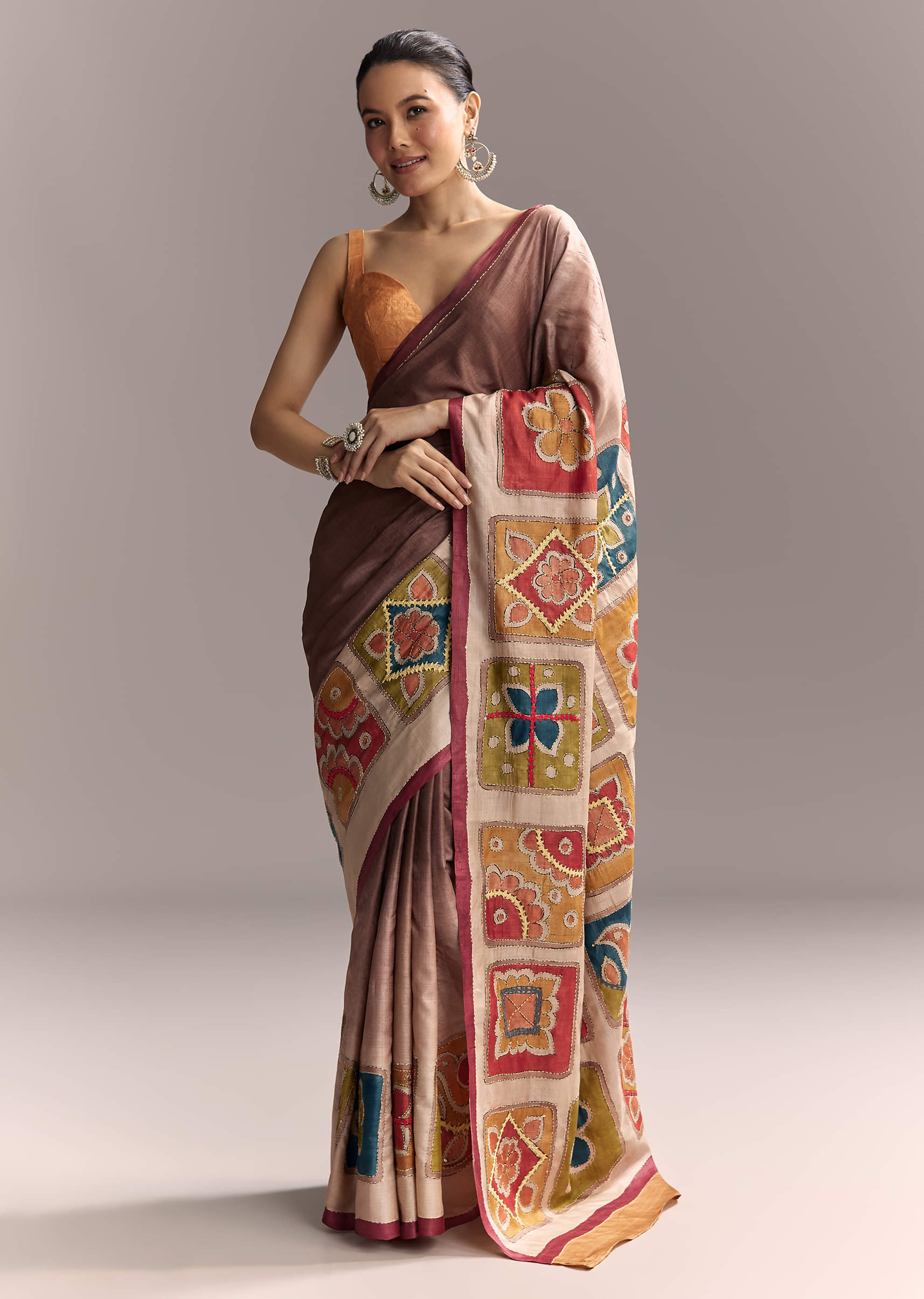 Brown Cotton Hand Painted Saree With Contrast Border - Image 3
