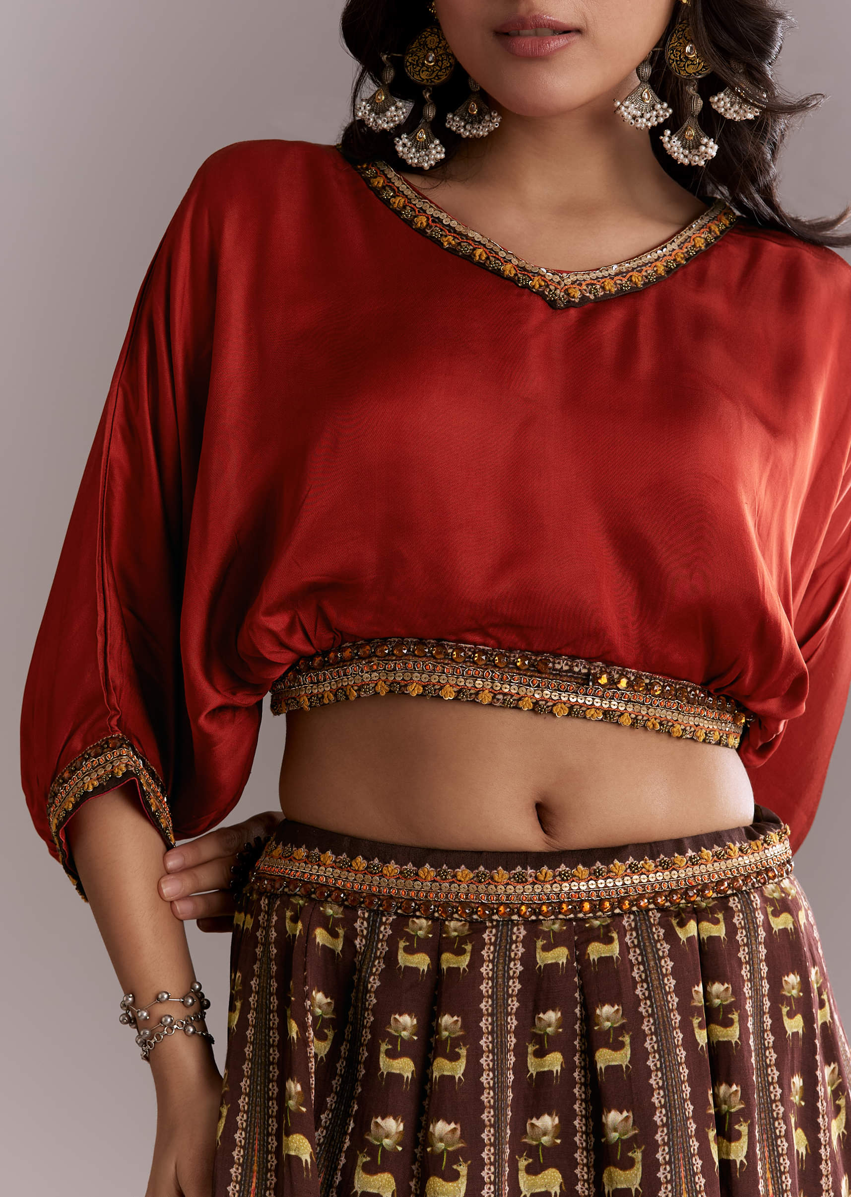 Brown Crepe Crop Top And Printed Skirt Set - Image 3